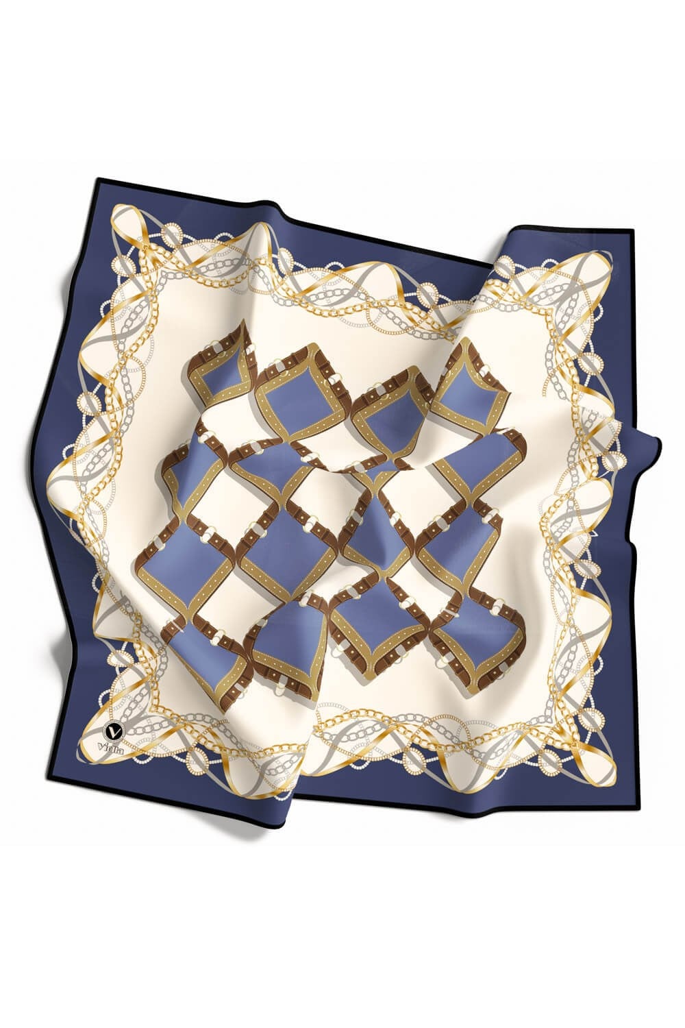Twill Kemer Ve Zincir Desenli İndigo Renkli 90x90 Eşarp (İpek İçermez) Kenar Dikiş Şekli El Dikişli