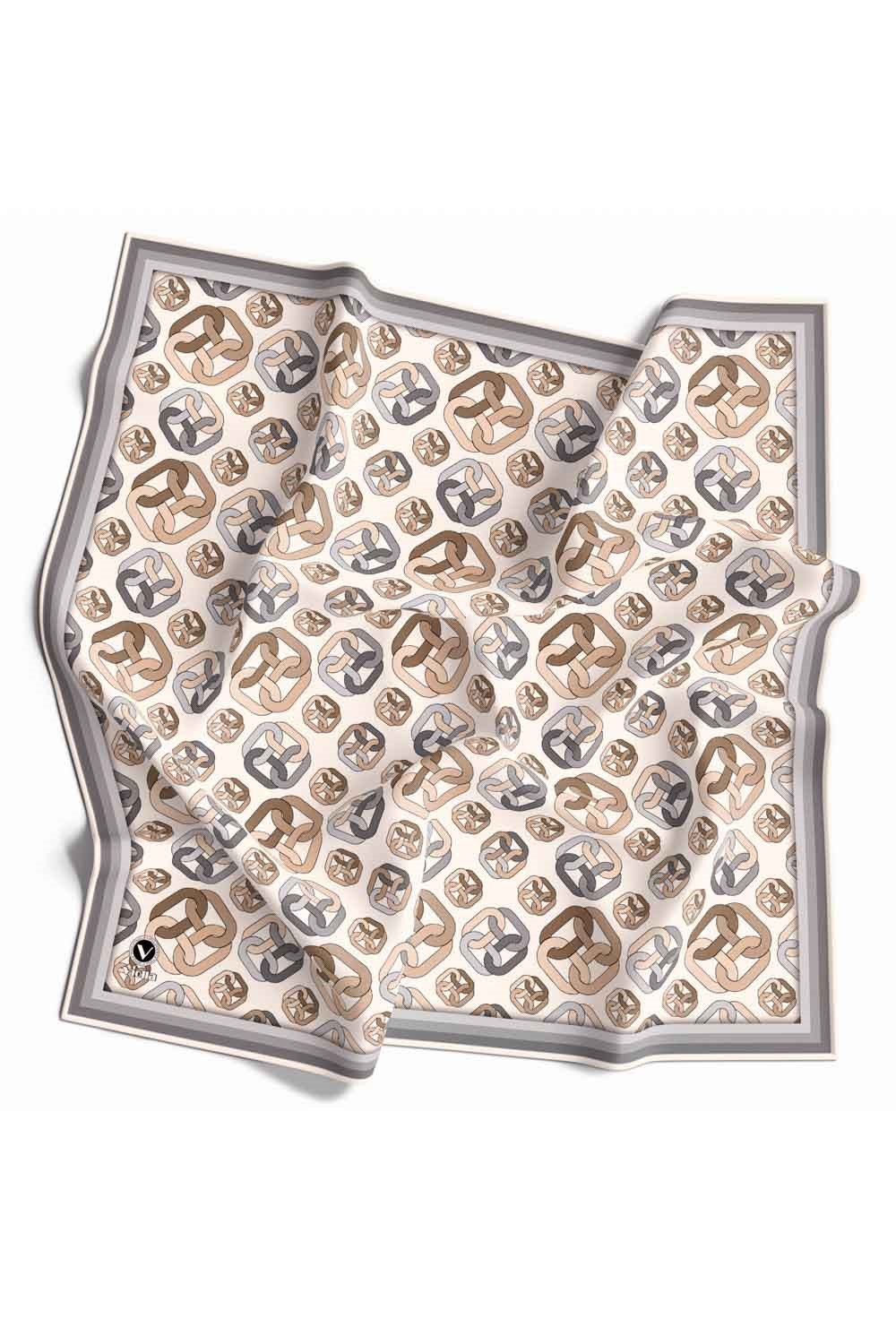 Kristal Zincir Motif Desenli Gri - Krem Renkli 90x90 Eşarp (İpek İçermez) Kenar Dikiş Şekli El Dikişli