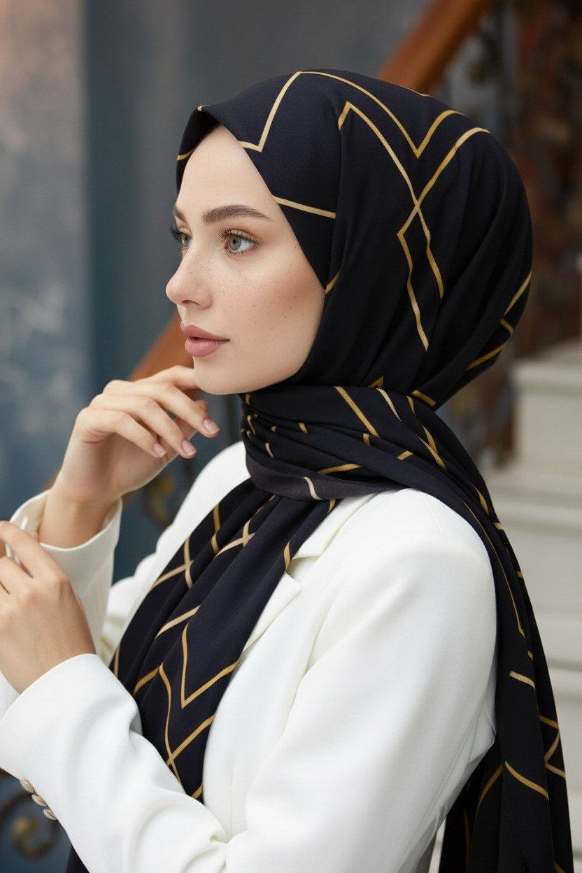KREP GOLD DETAYLI KARO DESENLİ SİYAH RENKLİ 75X195 KIRIŞMAZ ŞAL