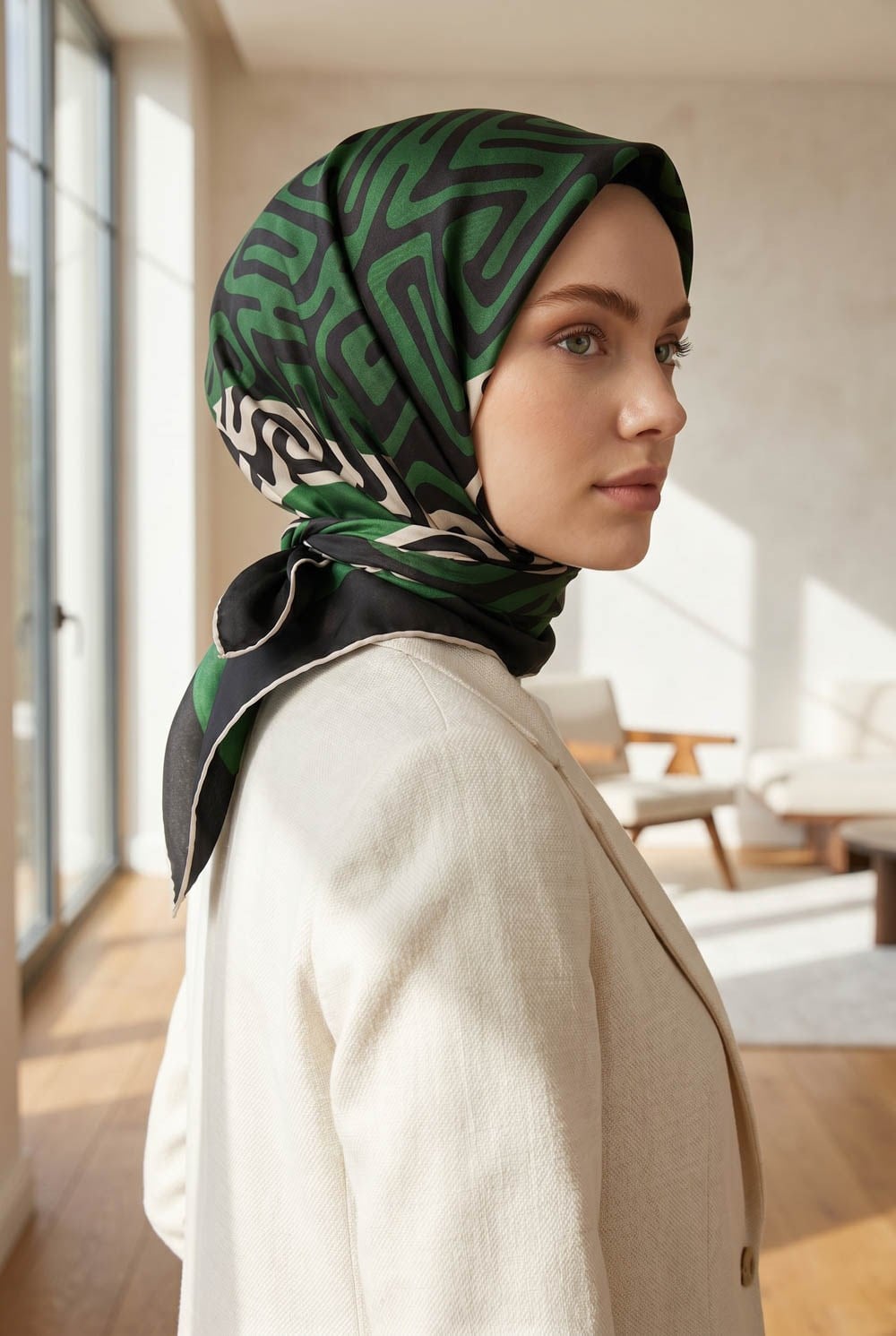 100% Twill İpek Bordürlü Dalga Desenli Siyah - Zümrüt Yeşili Renkli 90x90 Dikim Şekli : El Dikişi Eşarp