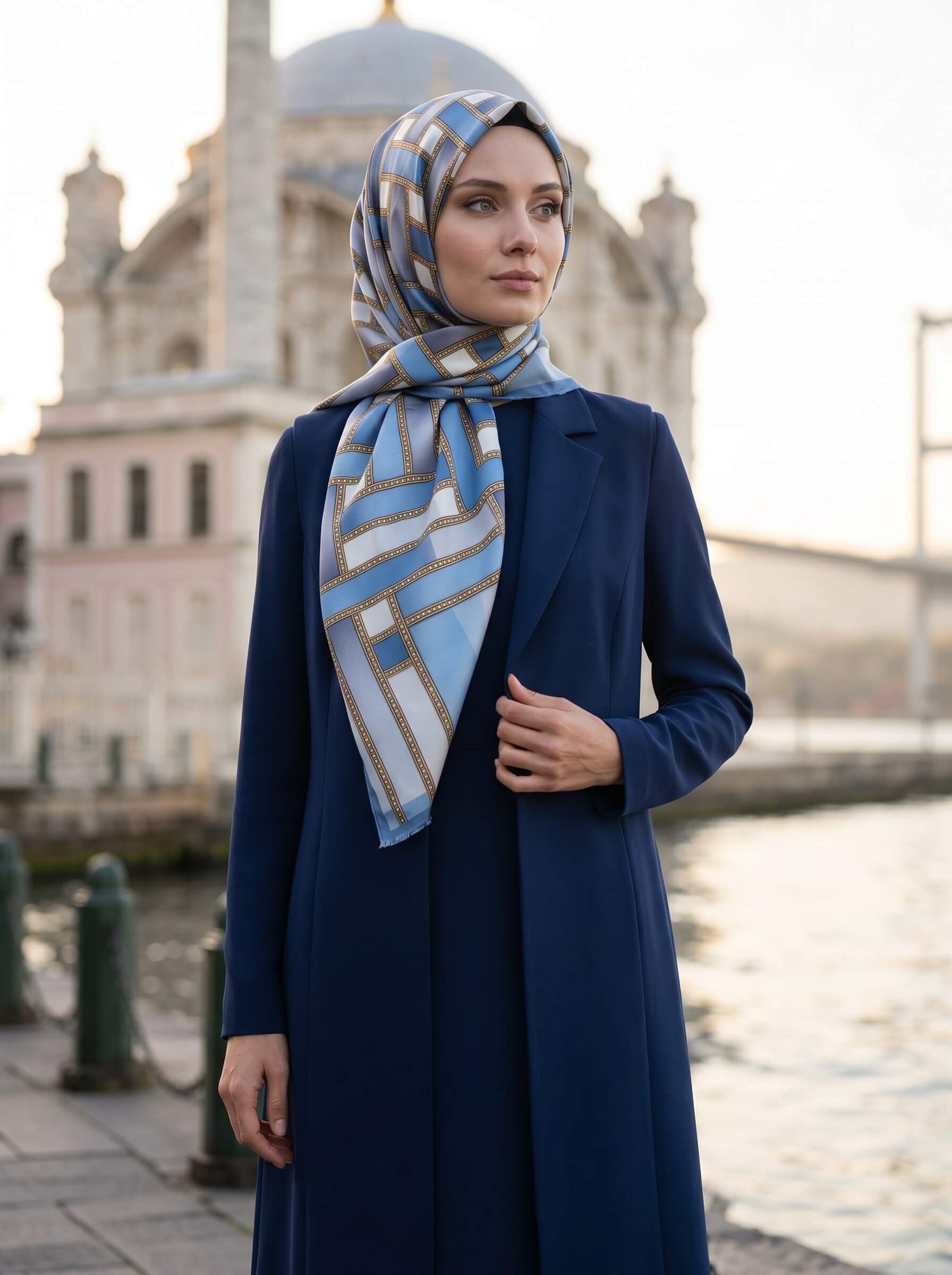 %100 Saf İpek Şal İnce Saten Vual Dokuma Kemer Desenli Bebe Mavisi - Gri Renkli 90x210 Şal