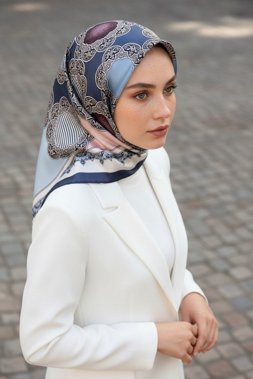 %100 Twill Türk Motifi  Desenli Pudra - Bebe Mavisi Renkli 90x90 Eşarp Dikim Şekli: El Dikişi
