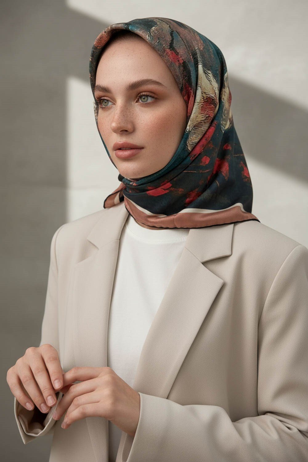 %100 Twill İpek Yağlı Boya Çiçek Desenli Petrol Yeşili Renkli 90x90 Eşarp Dikim Şekli : El Dikişi