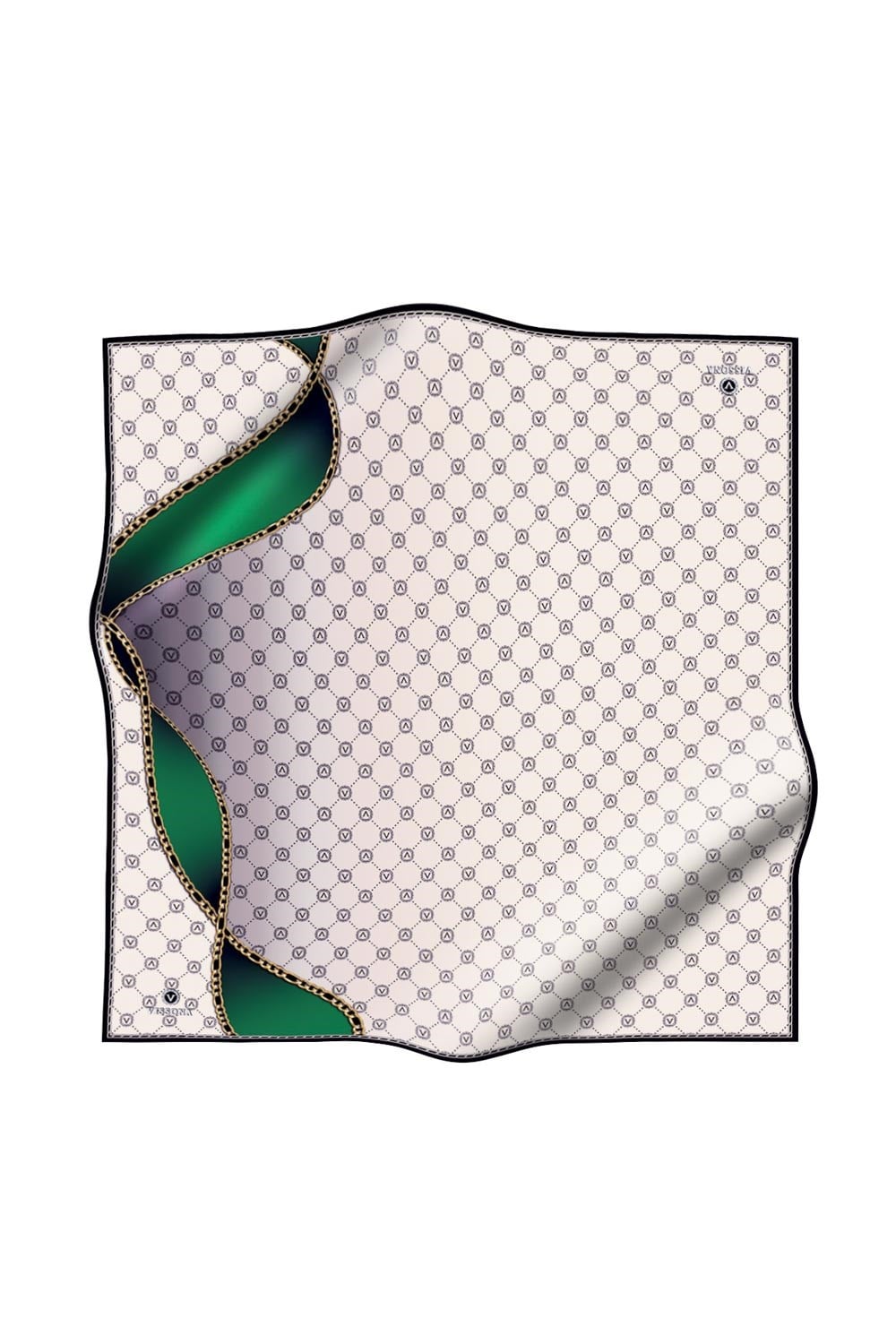%100 Twill İpek Zincirli Ve Monogram Desenli Krem - Zümrüt Yeşili Renkli 90x90 Eşarp Dikim Şekli : El Dikişi