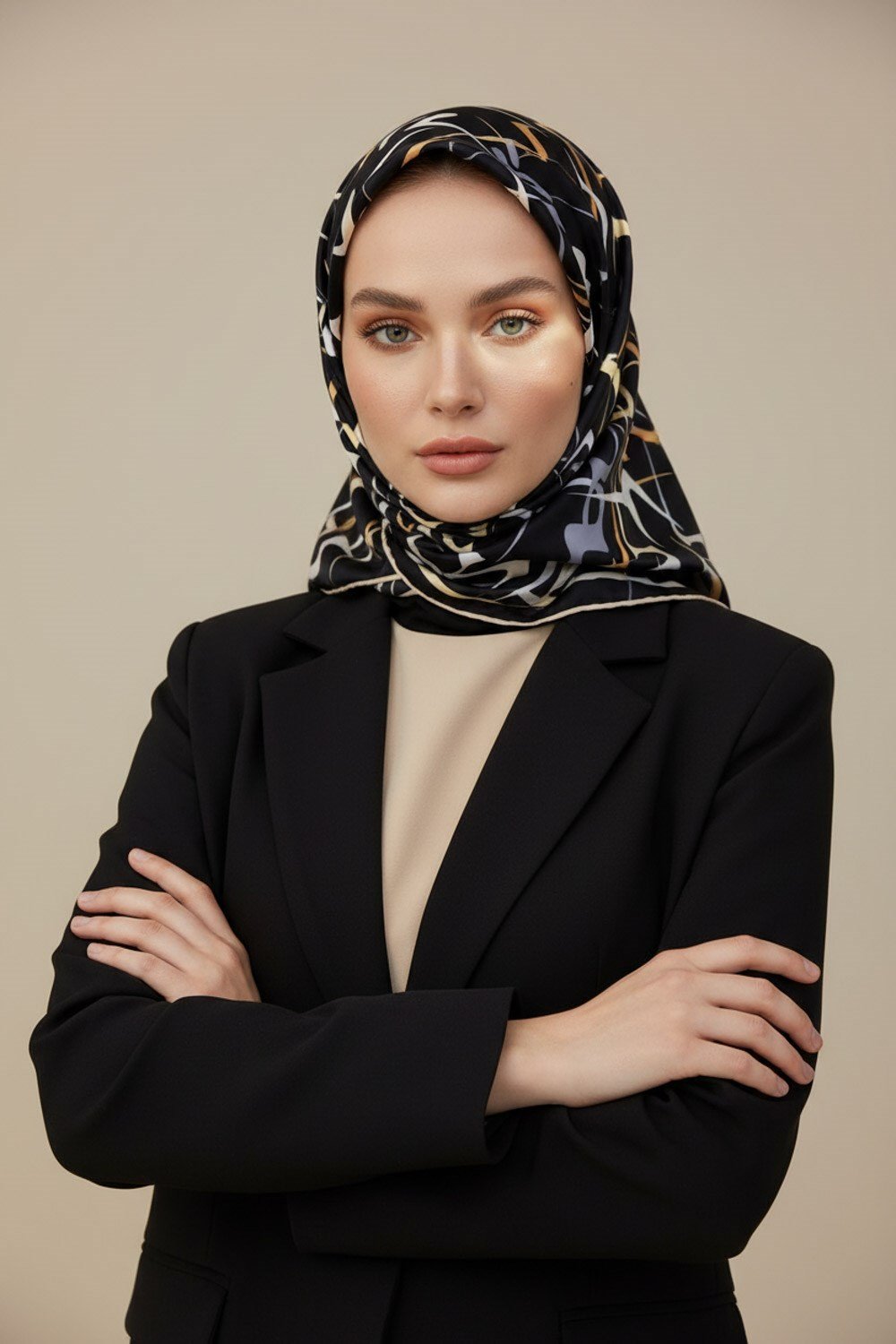 % 57 İPEK % 43 VİSKON Twill İpek Soyut Geometrik Desenli Gold - Gri Renkli 90x90 Eşarp Dikim Şekli : El Dikişi