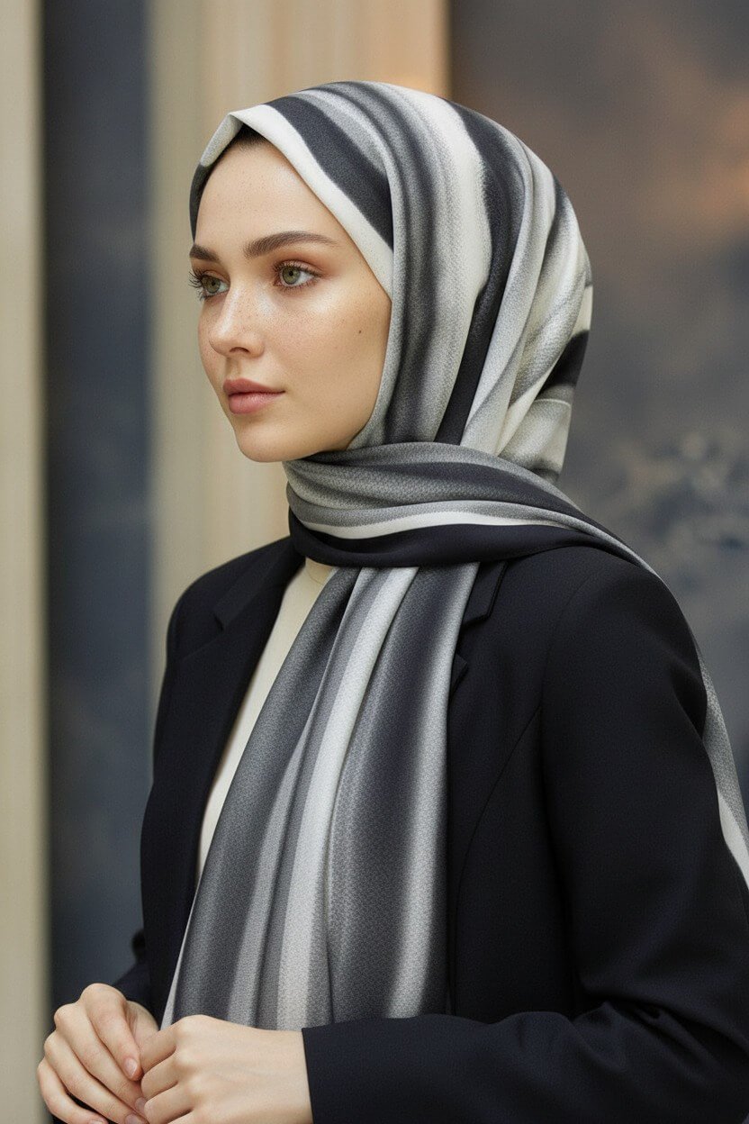 KREP SULU BOYA ÇİZGİLİ DESENLİ SİYAH RENKLİ 75X195 KIRIŞMAZ ŞAL