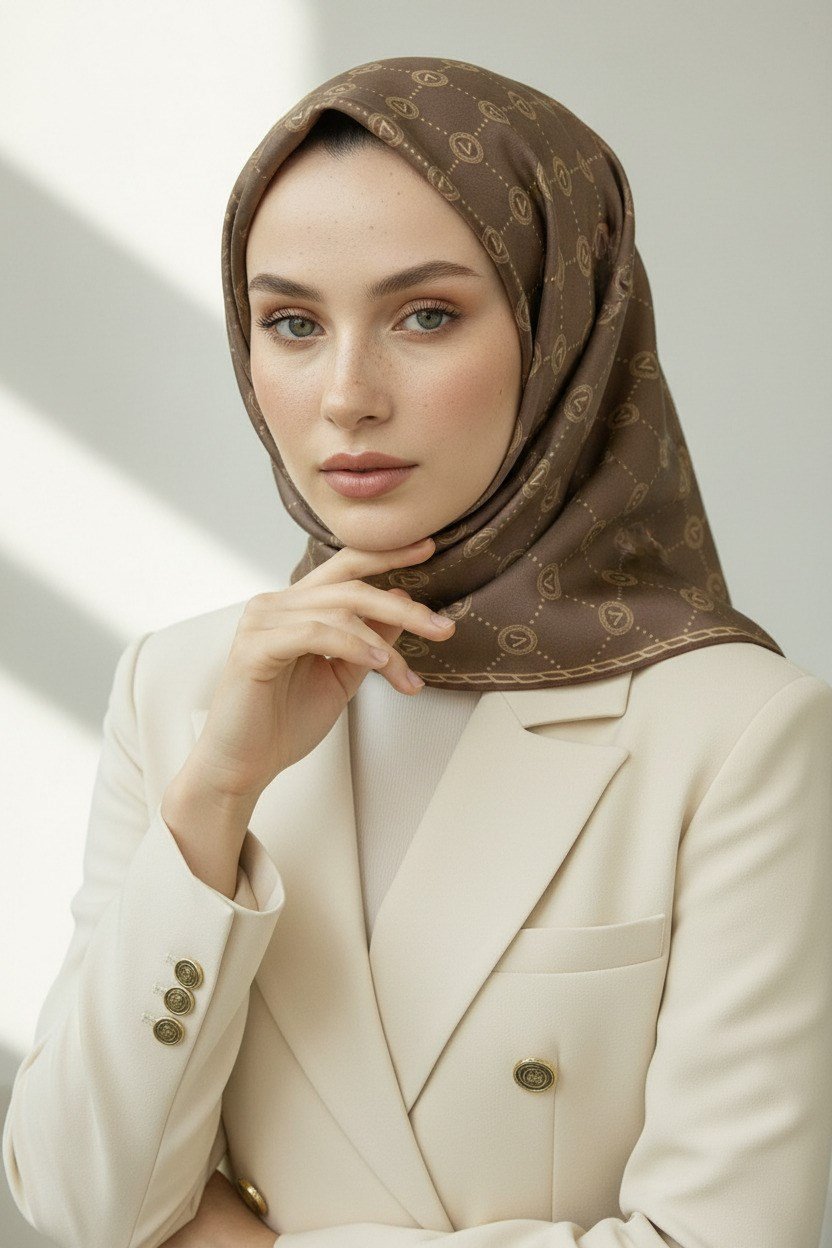 %100 Twill İpek Eşarp 90x90 Sütlü Kahve Monogram Desenli El Dikişli Kadın Eşarp