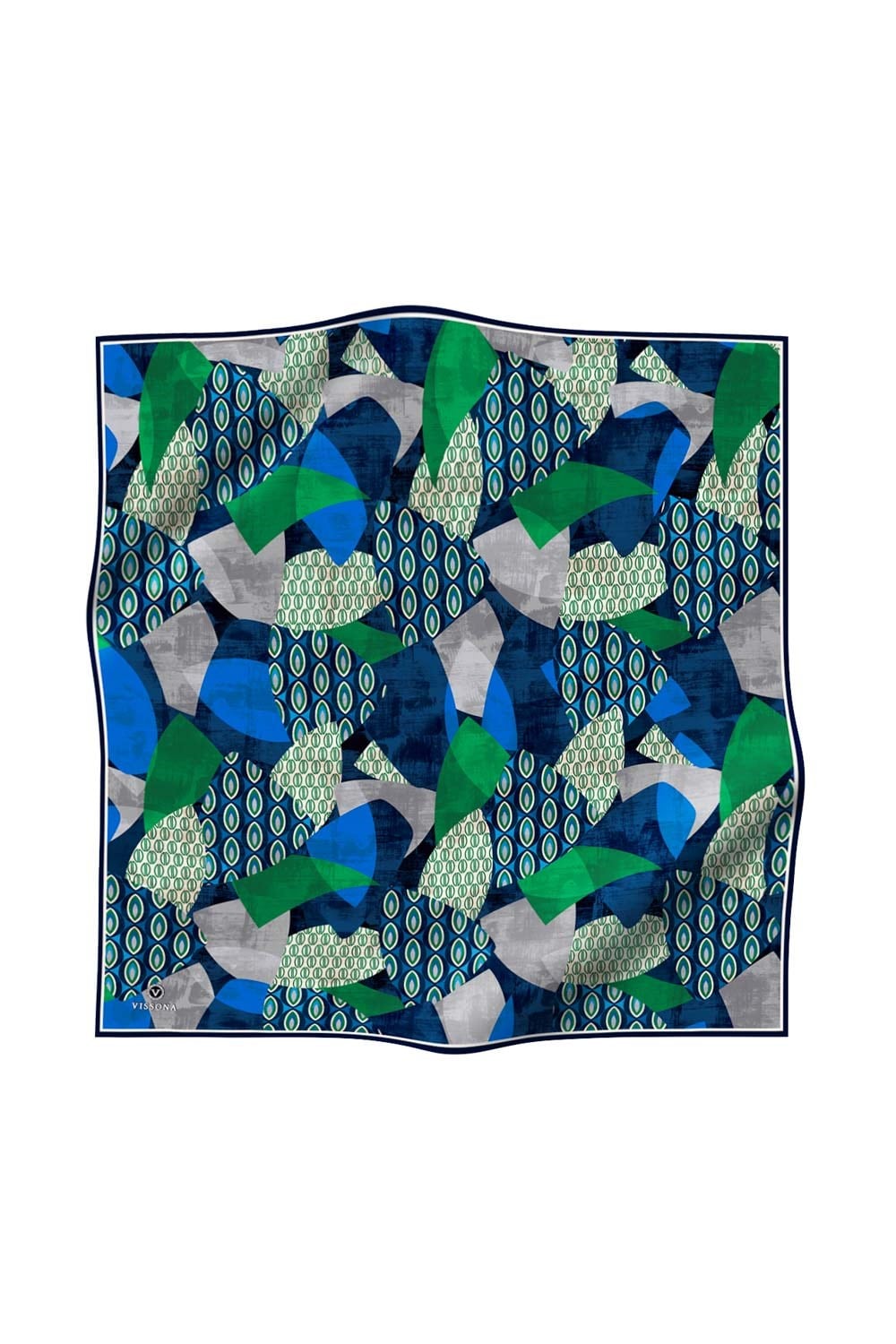 %100 Twill İpek Geometrik Desenli Lacivert - Zümrüt Yeşili Renkli 90x90 Eşarp Kenar Dikiş Şekli El Dikişli
