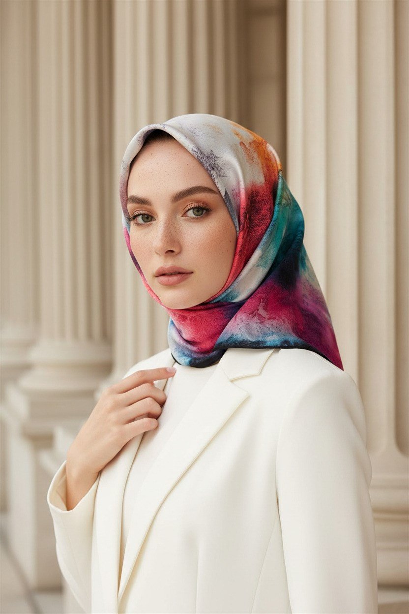 %100 Twill İpek Eşarp 90x90 Çok Renkli Soyut Sulu Boya Desenli El Dikişli Kadın Eşarp
