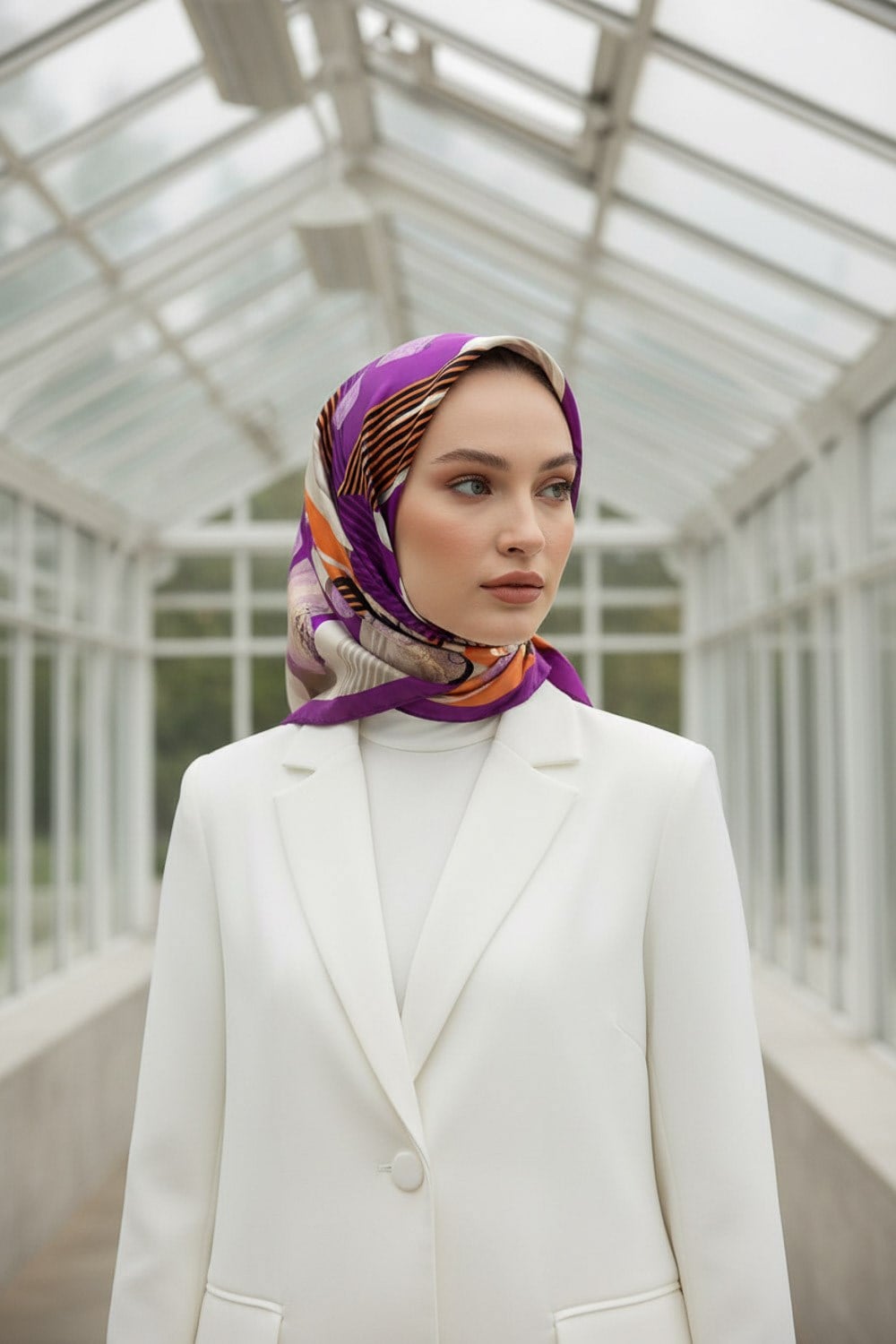 %100 Twill İpek Geometrik Desenli Mürdüm - Turuncu Renkli 90x90 Eşarp Dikim Şekli : El Dikişi