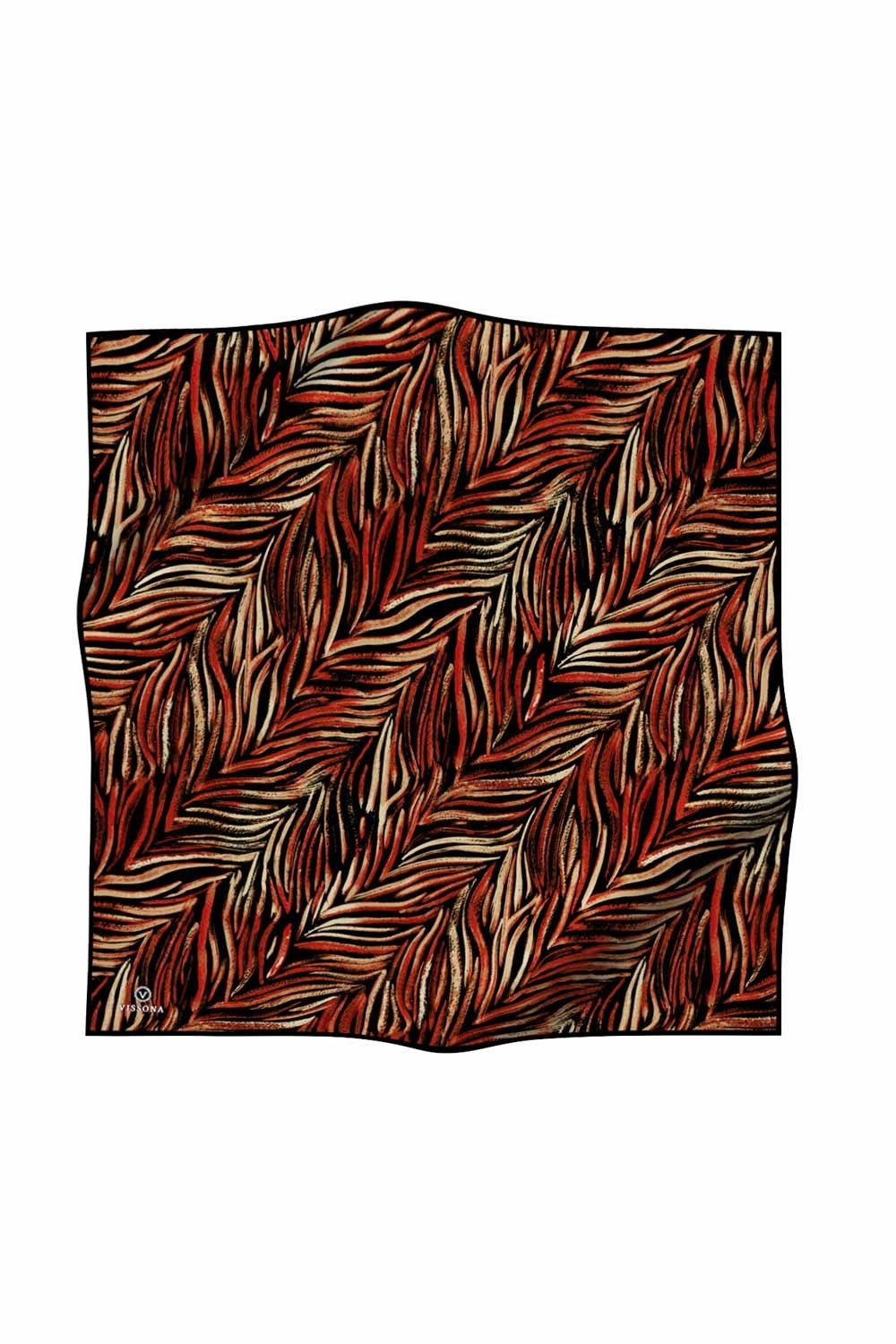 %100 Twill İpek Yaprak Desenli Siyah - Kırmızı Renkli 90x90 Eşarp Dikim Şekli : El Dikişi