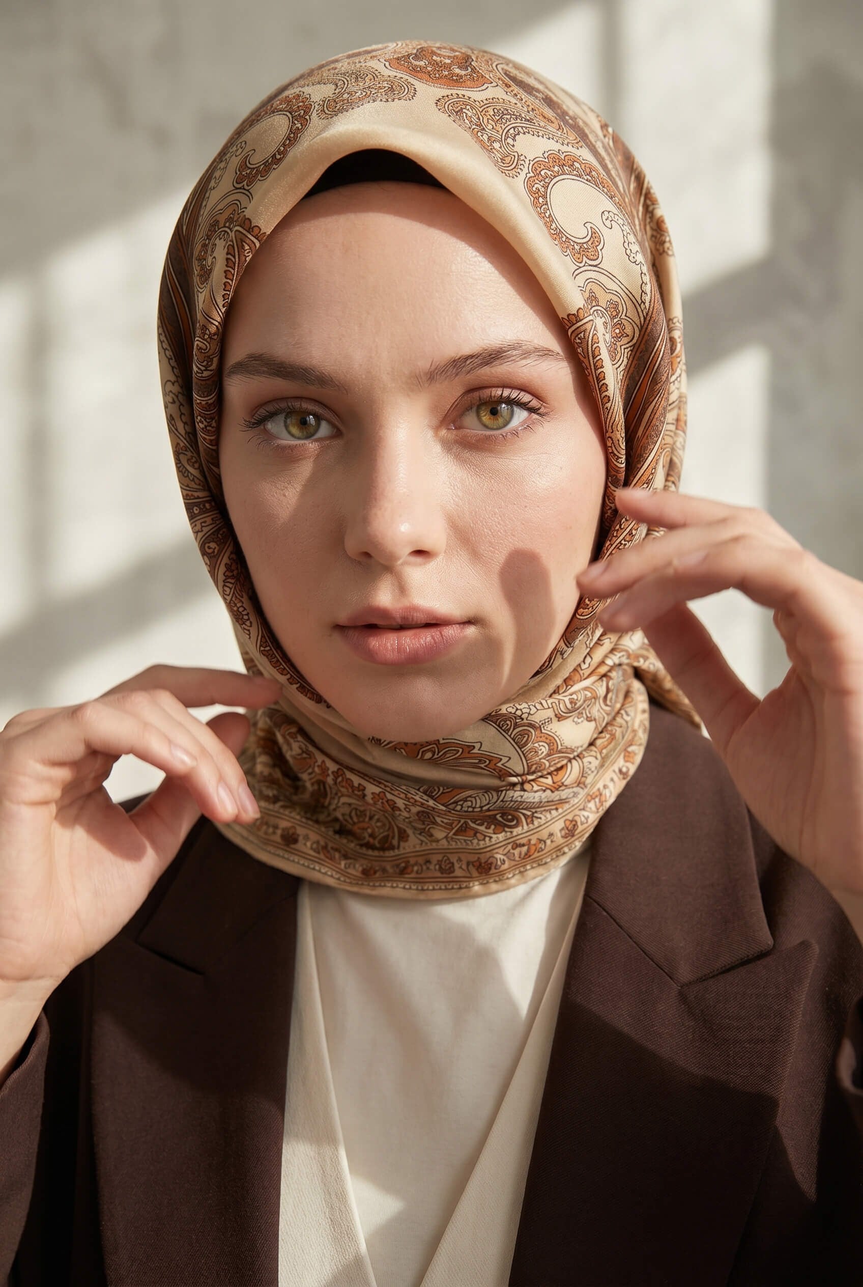 %100 Twill İpek Şal Desenli Bej - Kahverengi Renkli 90x90 Eşarp Dikim Şekli : El Dikişi