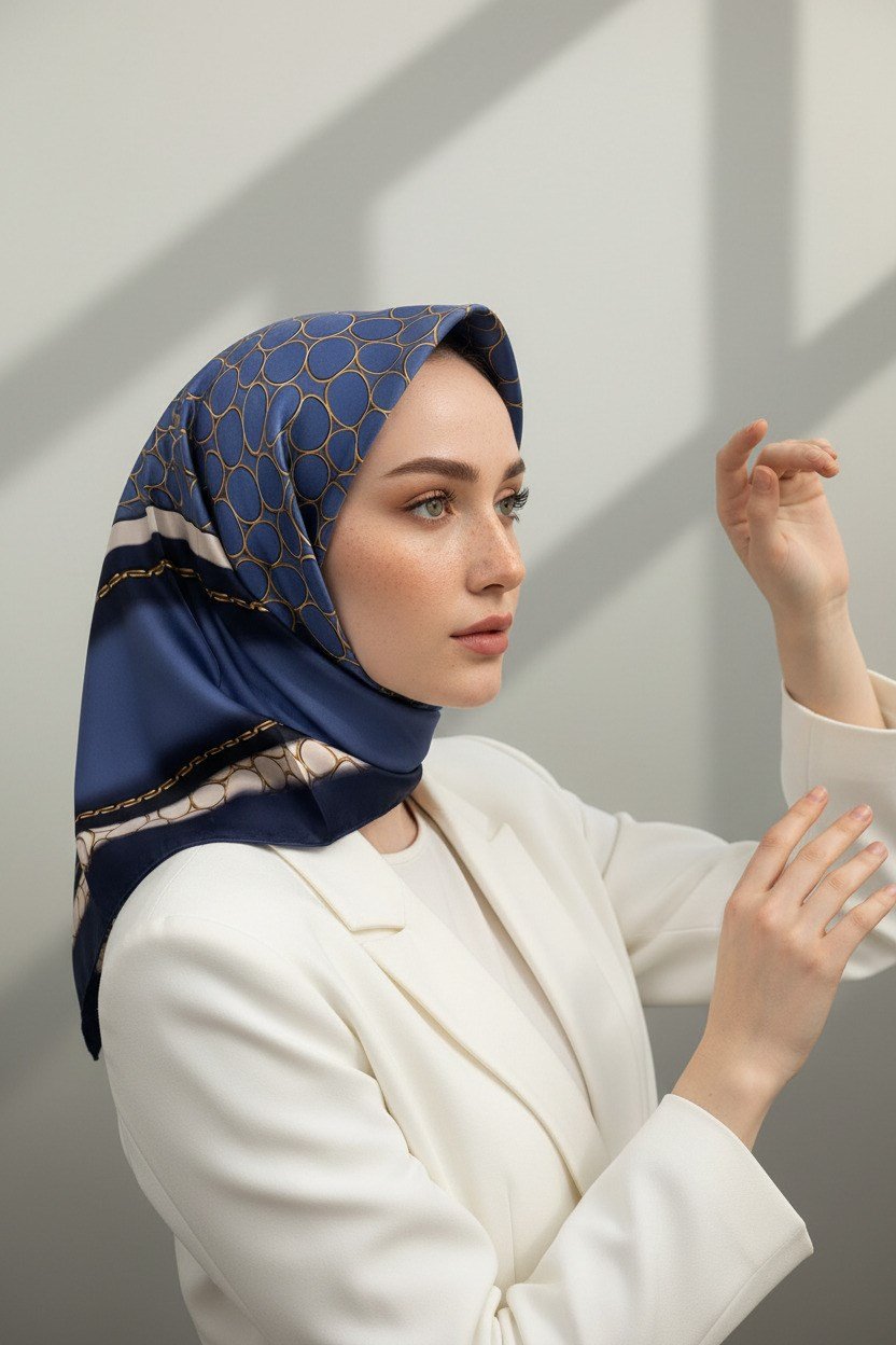 %100 Twill İpek Gold Halka Desenli İndigo - Lacivert Renkli 90x90 Eşarp Dikim Şekli : El Dikişi