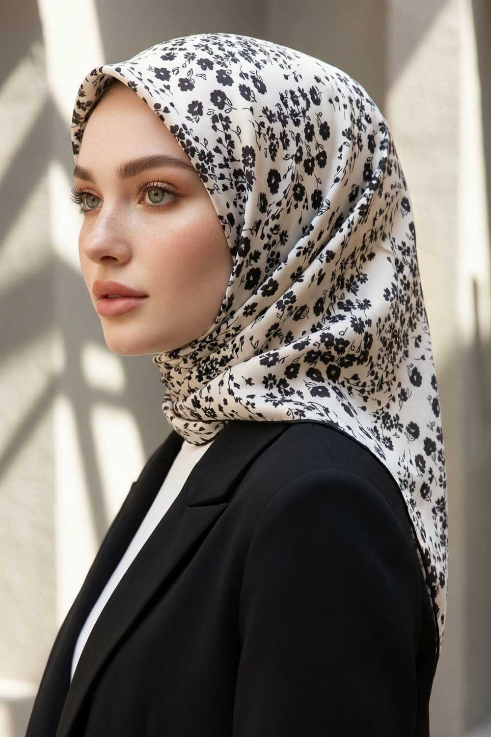 %100 Twill İpek Çıtır Çiçek Desenli Krem - Siyah Renkli 90x90 Eşarp Dikim Şekli : El Dikişi