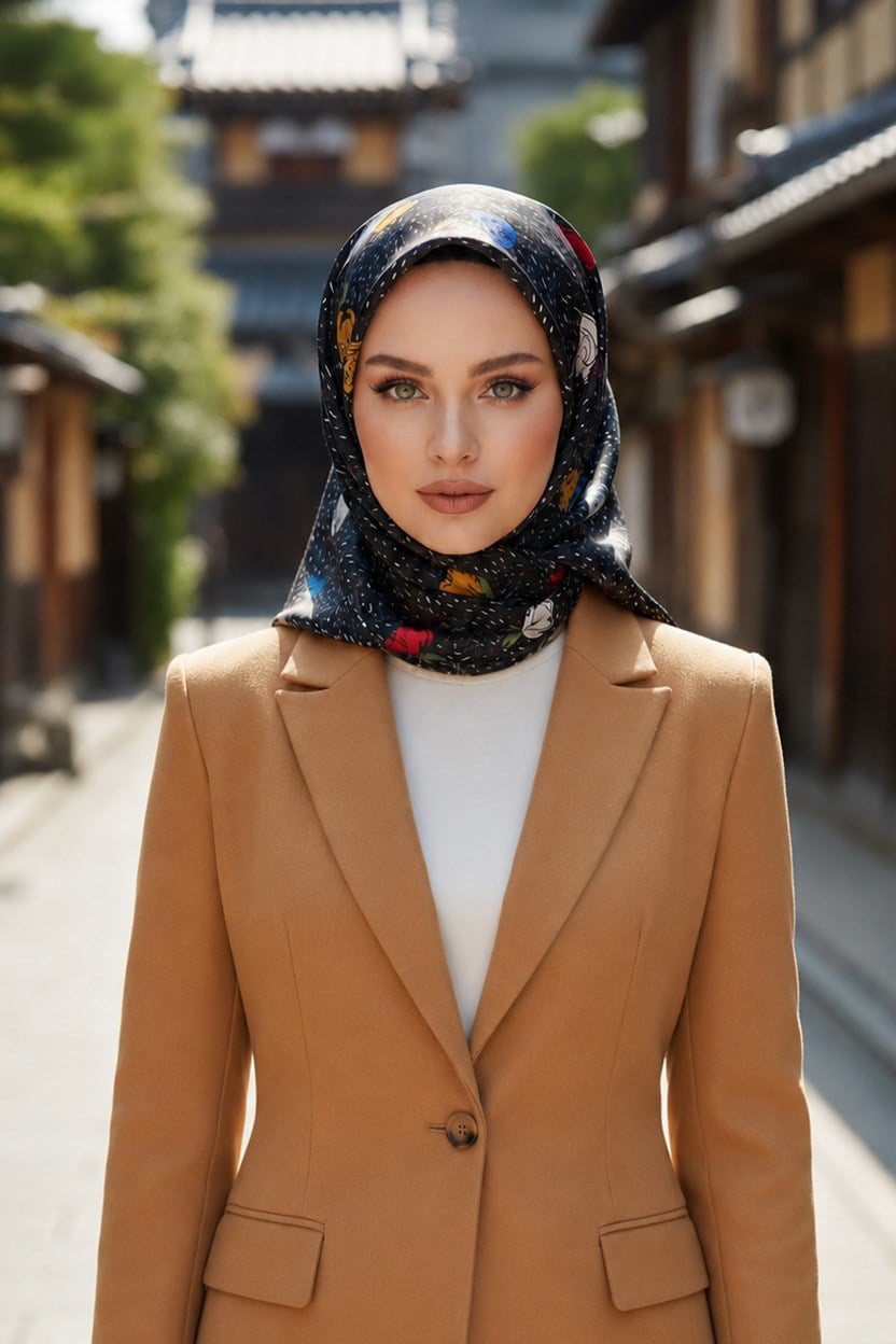 %100 Twill İpek Çıtır Çiçek Desenli Kırmızı - Saks Renkli 90x90 Eşarp Dikim Şekli : El Dikişi
