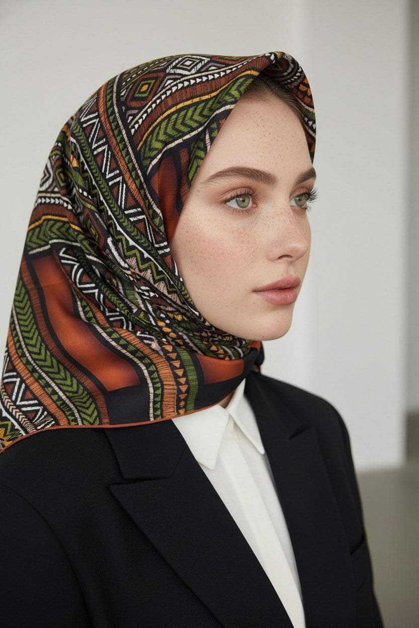 % 57 İPEK % 43 VİSKON Twill İpek Etnik Desenli Taba - Haki Renkli 90x90 Eşarp Dikim Şekli : El Dikişi