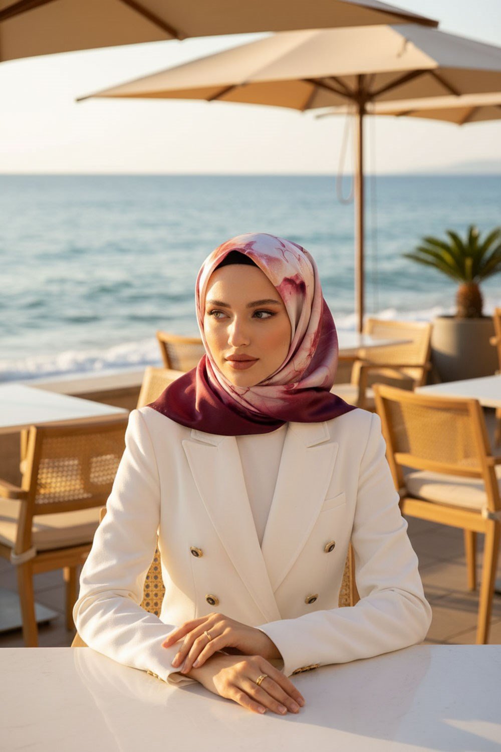 %100 Twill İpek Duman Desenli Bej - Bordo Renkli Renkli 90x90 Eşarp Dikim Şekli : El Dikişi