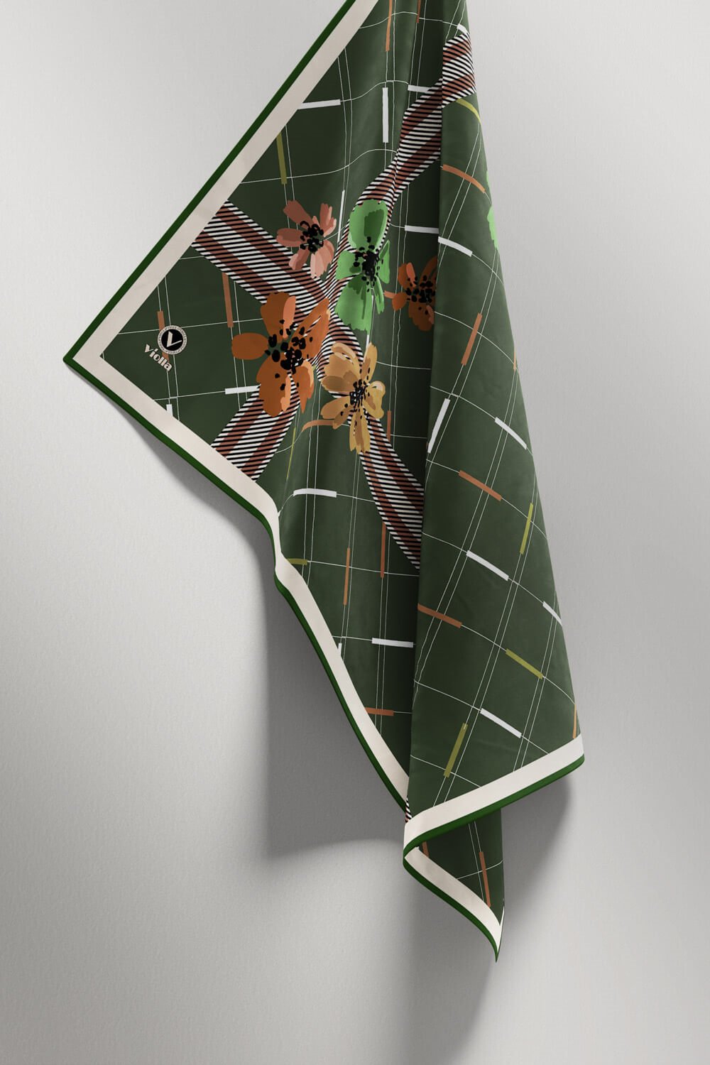 Twill Papatya Desenli Zümrüt Yeşili Renkli 90x90 Eşarp (İpek İçermez) Kenar Dikiş Şekli El Dikişli