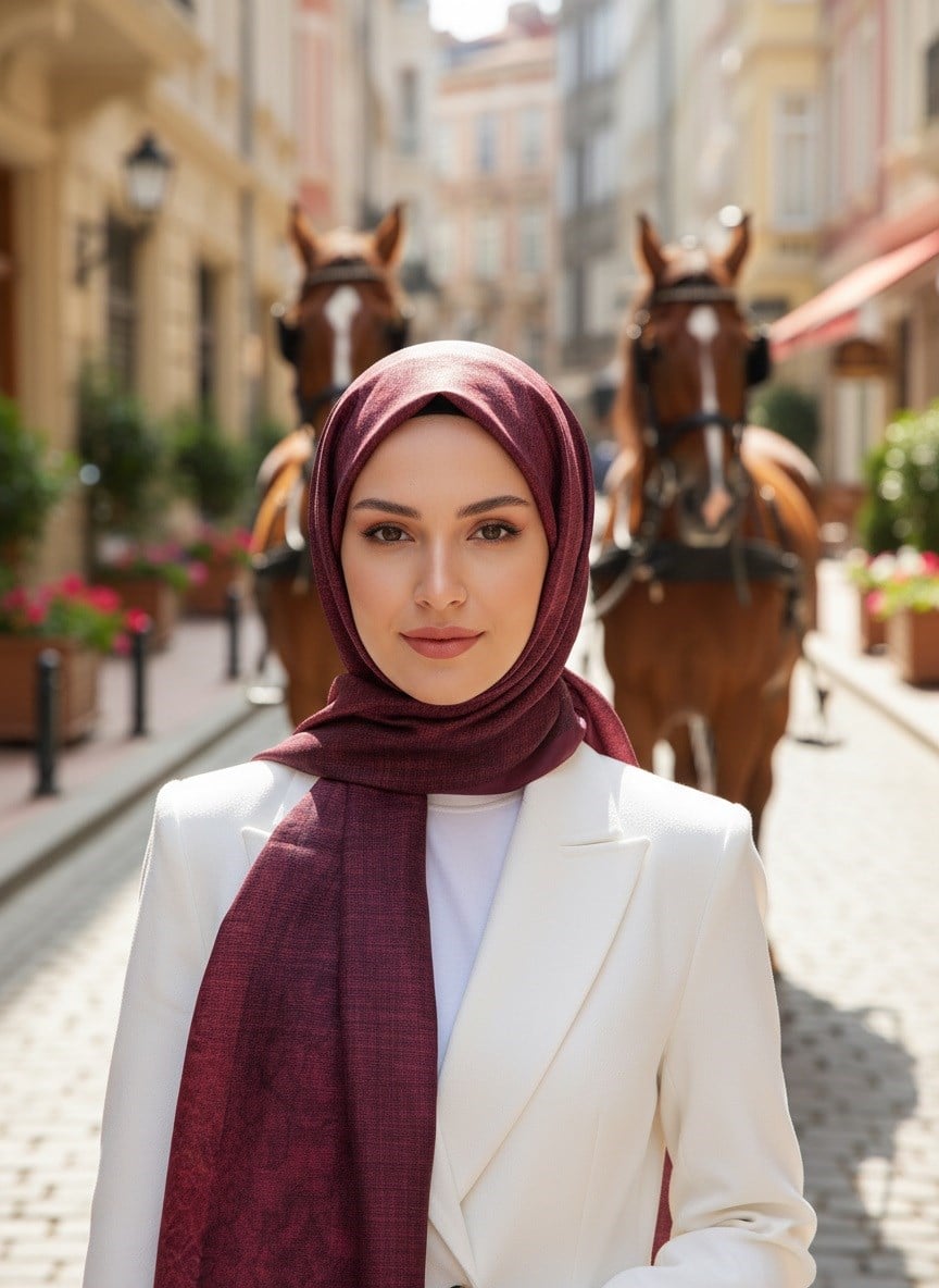 %100 Saf İpek Şal İnce Saten Vual Dokuma Damask Desenli Bordo Renkli 90x210 Şal
