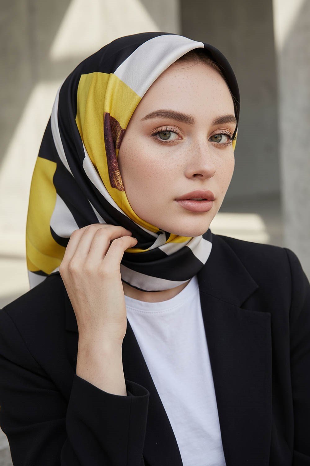 %100 Twill İpek Karo Desenli Limon Sarısı - Siyah Renkli 90x90 Eşarp Dikim Şekli : El Dikişi