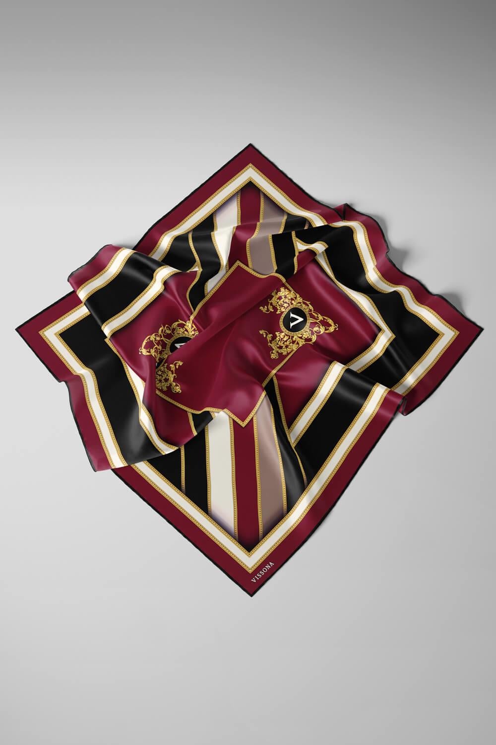%100 Twill İpek Baroklu Ve Geometrik Desenli Bordo - Siyah Renkli 90x90 Eşarp Dikim Şekli : El Dikişi