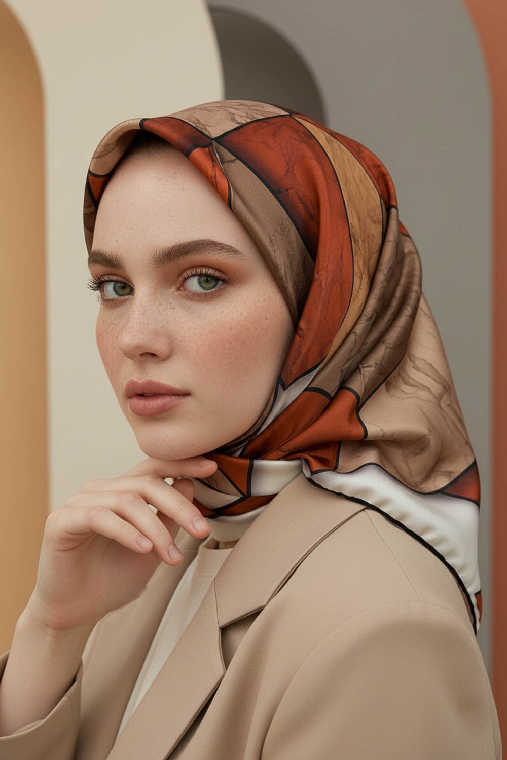 Rayon Mermer Desenli Taba - Bej Renkli 90x90 Eşarp (İpek İçermez) Kenar Dikiş Şekli El Dikişli