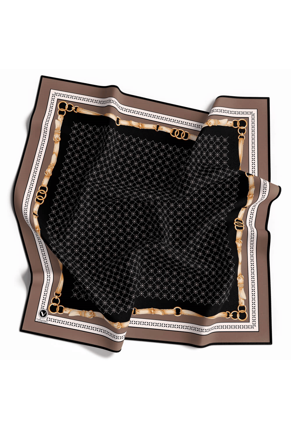 Twill Kemerli ve Çıtır Motifli Desenli Vizon Renkli 90x90 Eşarp (İpek İçermez) Dikim Şekli : El Dikişi