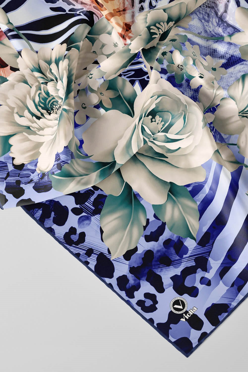 Twill Renkli Şerit Desenli İndigo - Taba  Renkli 90x90 Eşarp (İpek İçermez) Kenar Dikiş Şekli El Dikişli