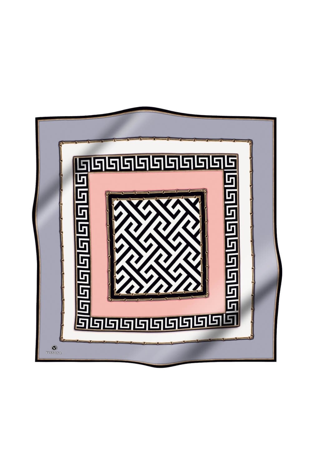 %100 Twill İpek Labirent Ve Geometrik Desenli Gri - Pudra Renkli 90x90 Eşarp Dikim Şekli : El Dikişi