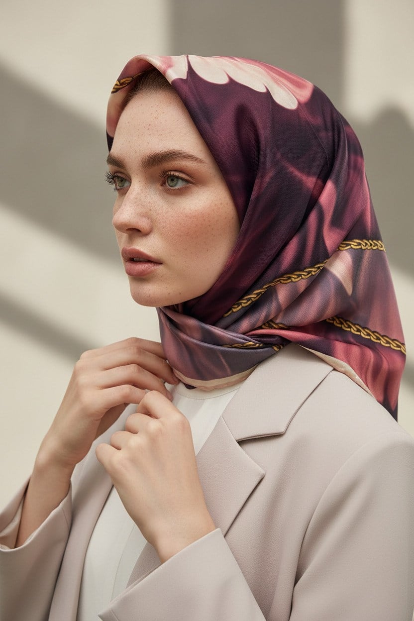 % 57 İPEK % 43 VİSKON Twill İpek Çiçek Geometrik Desenli pudra Renkli 90x90 Eşarp Dikim Şekli : El Dikişi