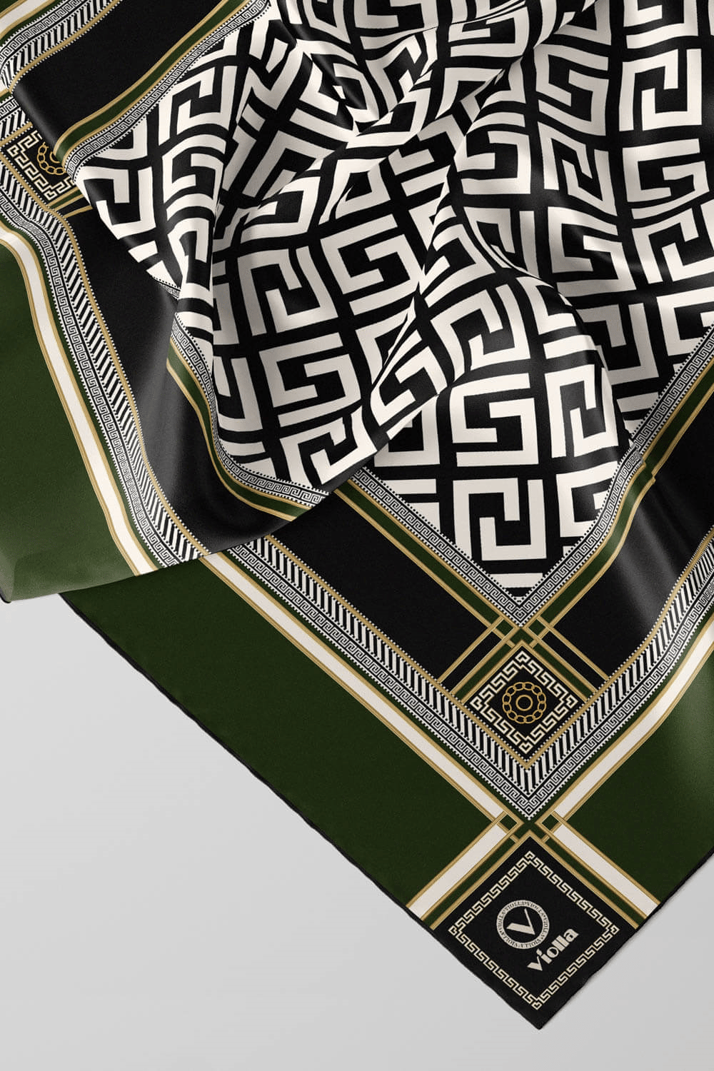 Twill Antik Desenli Zümrüt Yeşili Renkli 90x90 Eşarp (İpek İçermez) Kenar Dikiş Şekli El Dikişli
