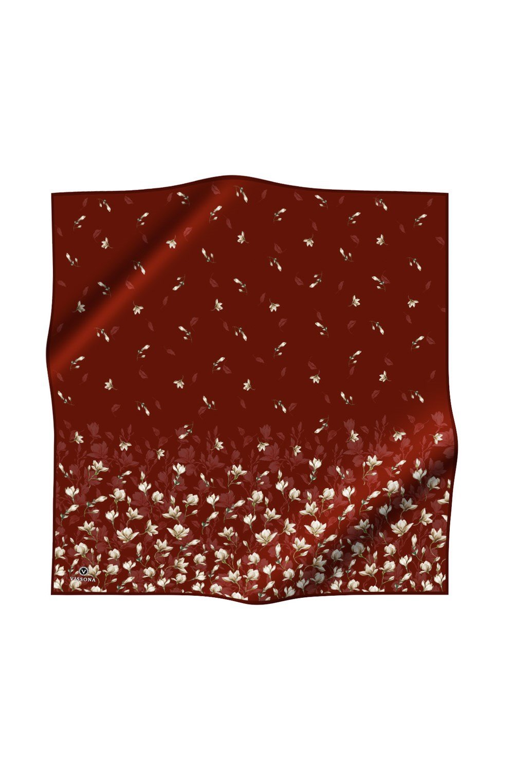 %100 Twill İpek Çiçek Desenli Bordo Renkli 90x90 Eşarp Dikim Şekli : El Dikişi
