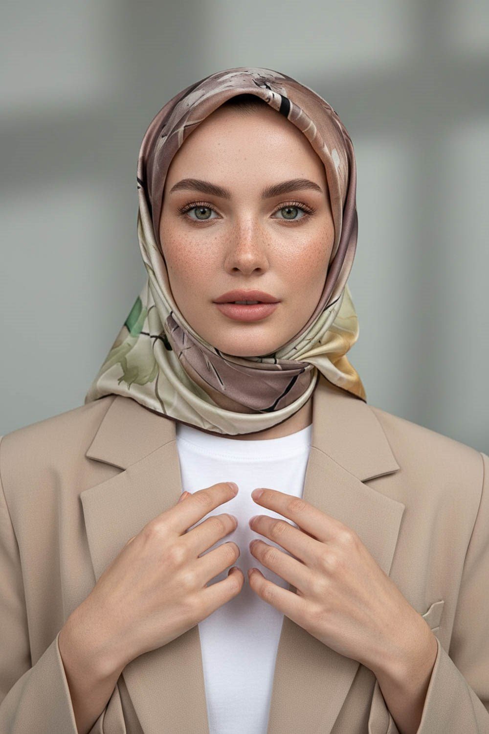 %100 Twill İpek Sulu Boya Çiçek Desenli Vizon Renkli 90x90 Eşarp Dikim Şekli : El Dikişi