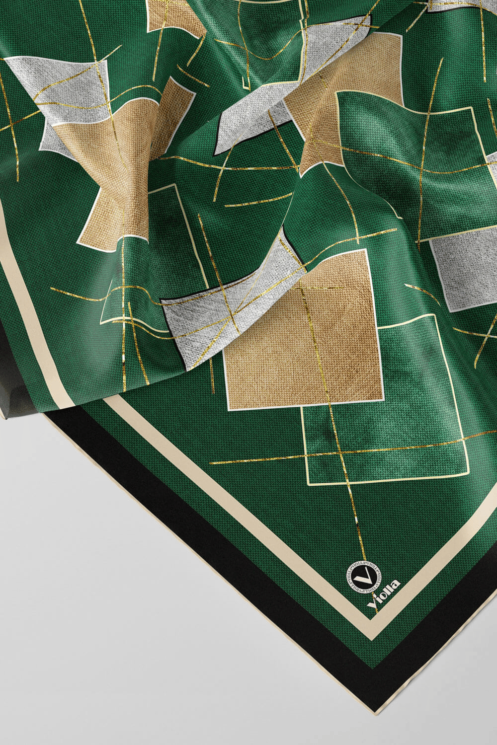 Twill Geometrik Desenli Petrol Yeşili Renkli 90x90 Eşarp (İpek İçermez) Kenar Dikiş Şekli El Dikişli