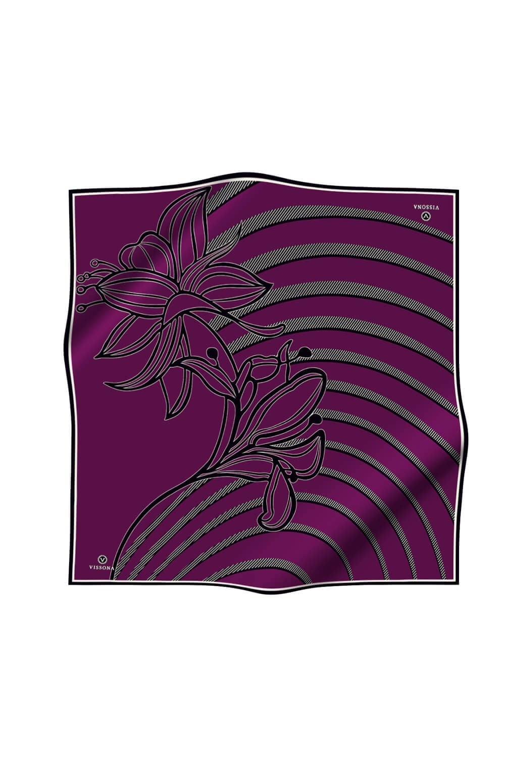 %100 Twill İpek Çizgili Çiçek Desenli Mürdüm - Siyah Renkli 90x90 Eşarp Dikim Şekli : El Dikişi