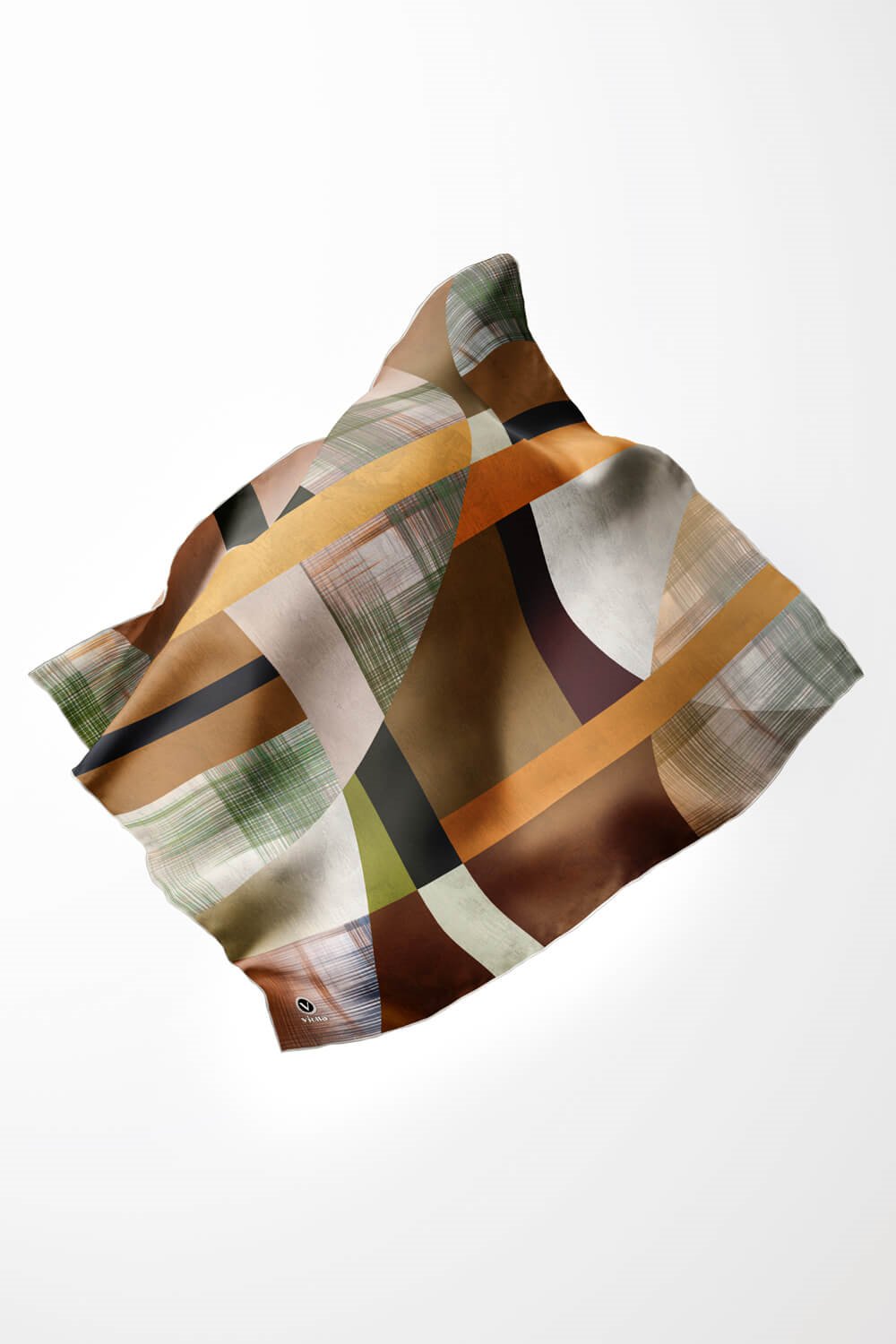Twill Geometrik Desenli Vizon Renkli 90x90 Eşarp (İpek İçermez) Kenar Dikiş Şekli El Dikişli