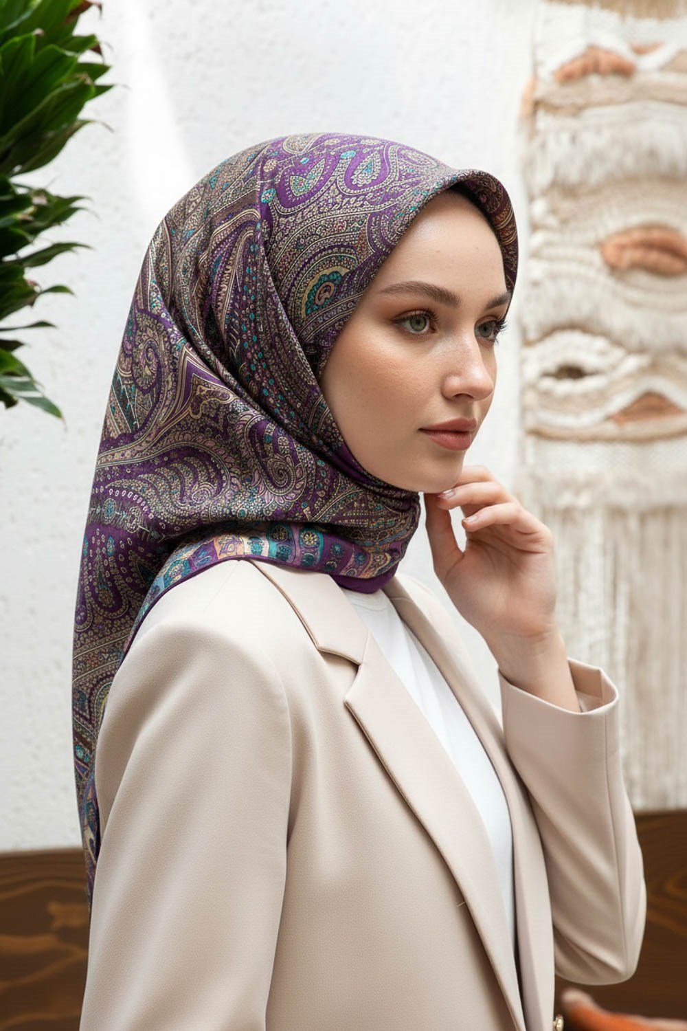 %100 Twill İpek Etro Desenli Mürdüm Renkli 90x90 Eşarp Dikim Şekli : El Dikişi
