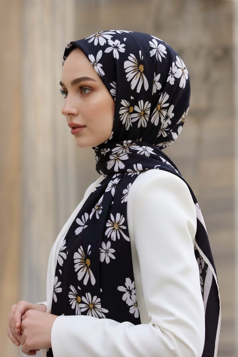 KREP PAPATYA DESENLİ SİYAH RENKLİ 75X195 KIRIŞMAZ ŞAL