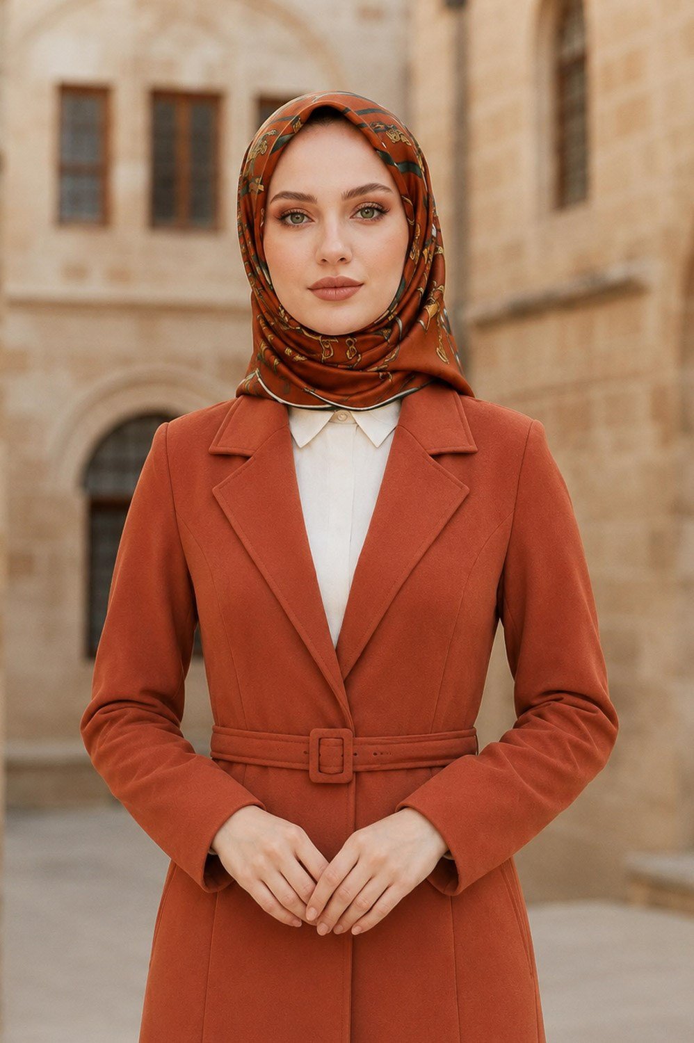 %100 Twill İpek Kurdele Ve Zincir Desenli Taba Renkli 90x90 Eşarp Dikim Şekli : El Dikişi