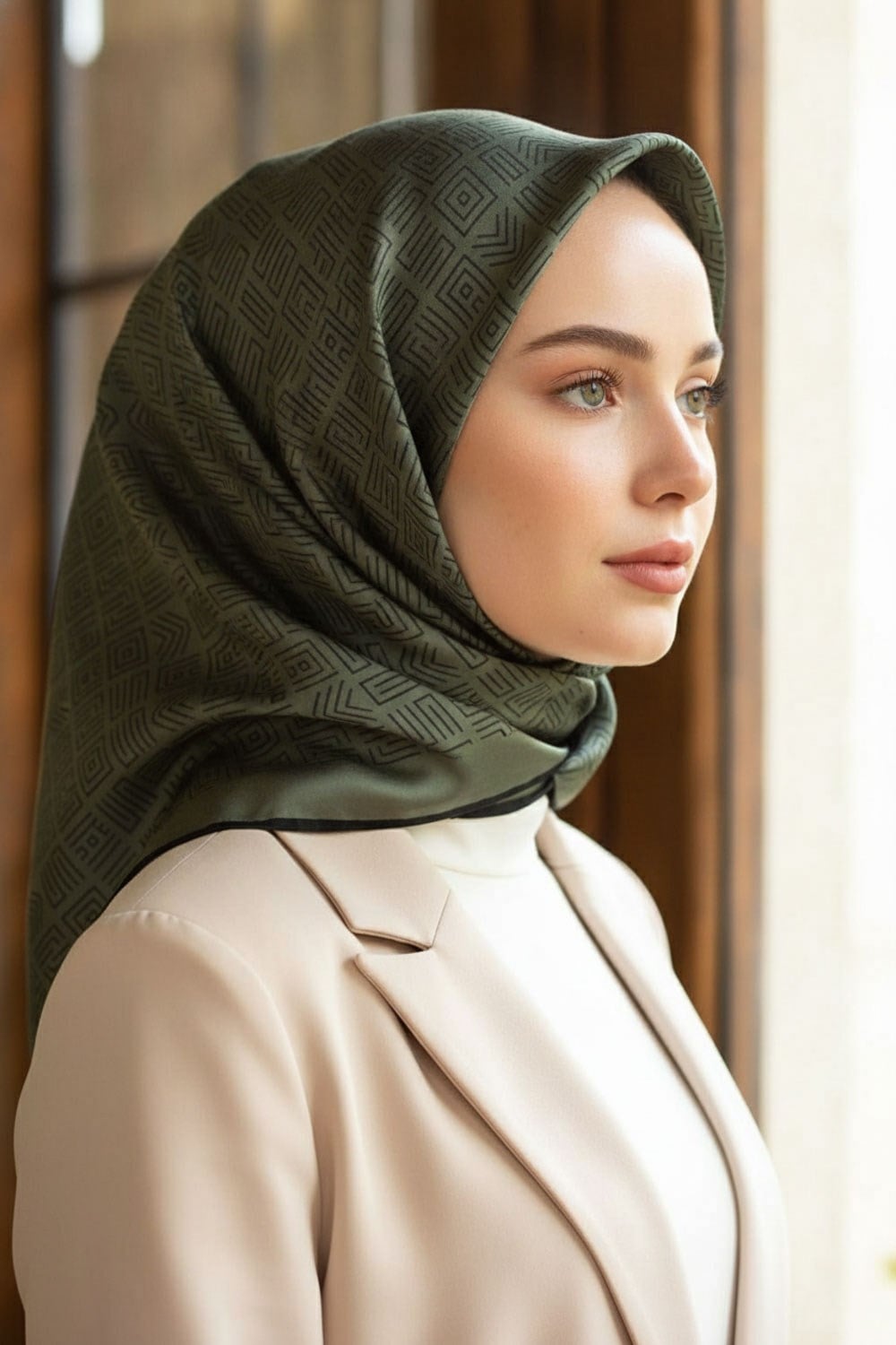 100% Twill İpek Etnik Motif Desenli Haki - Siyah Renkli 90x90 Dikim Şekli : El Dikişi Eşarp