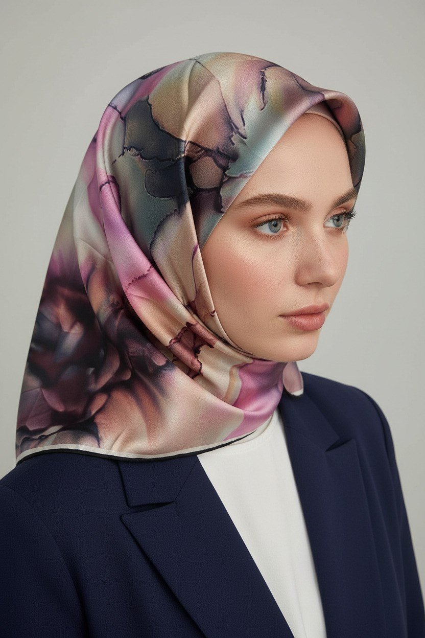 %100 Twill İpek Batik Çiçek Desenli Somon - Lila Renkli 90x90 Eşarp Kenar Dikiş Şekli El Dikişli