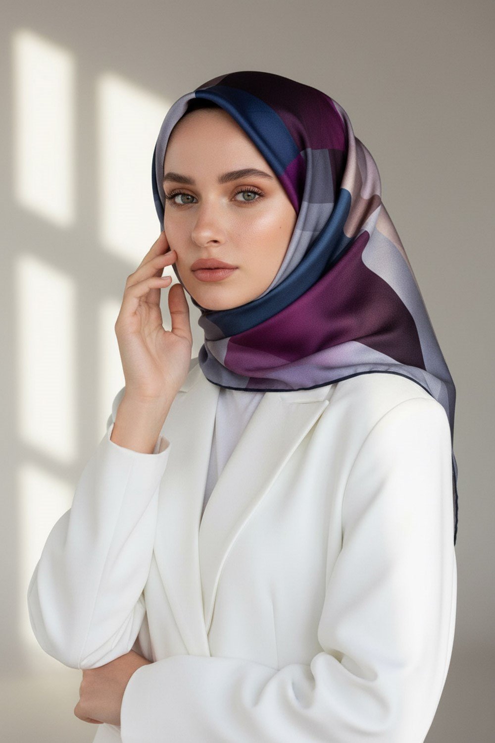 %100 Twill İpek Geometrik Desenli Mürdüm - İndigo Renkli 90x90 Eşarp Dikim Şekli : El Dikişi