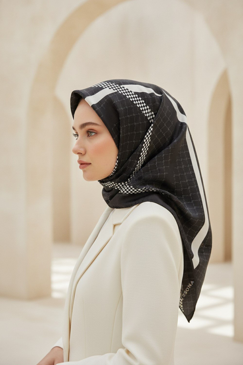 %100 Twill İpek Monogram Ve Şerit Desenli Siyah - Krem Renkli 90x90 Eşarp Dikim Şekli : El Dikişi