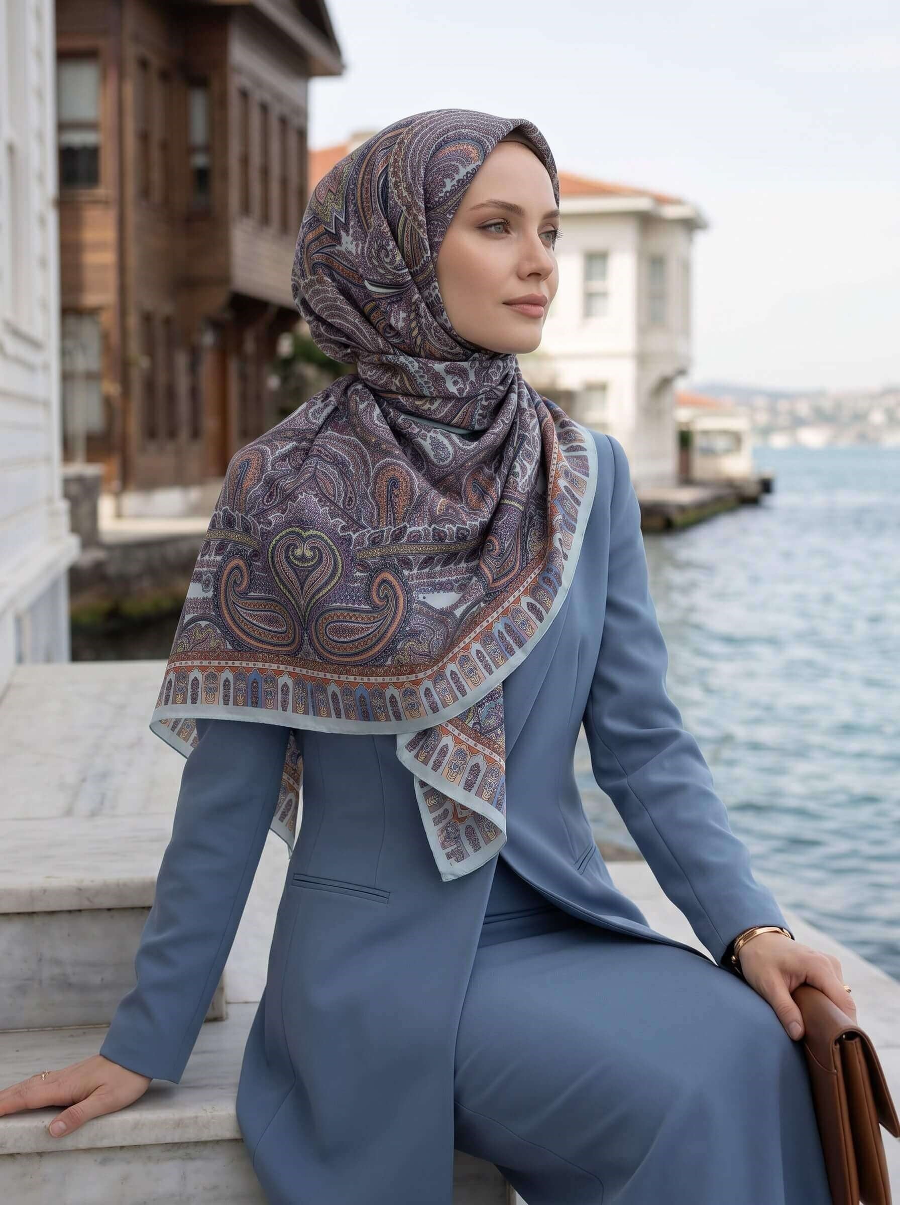 100% İPEK ETRO DESENLİ BEBE MAVİSİ - TABA RENKLİ ŞAL