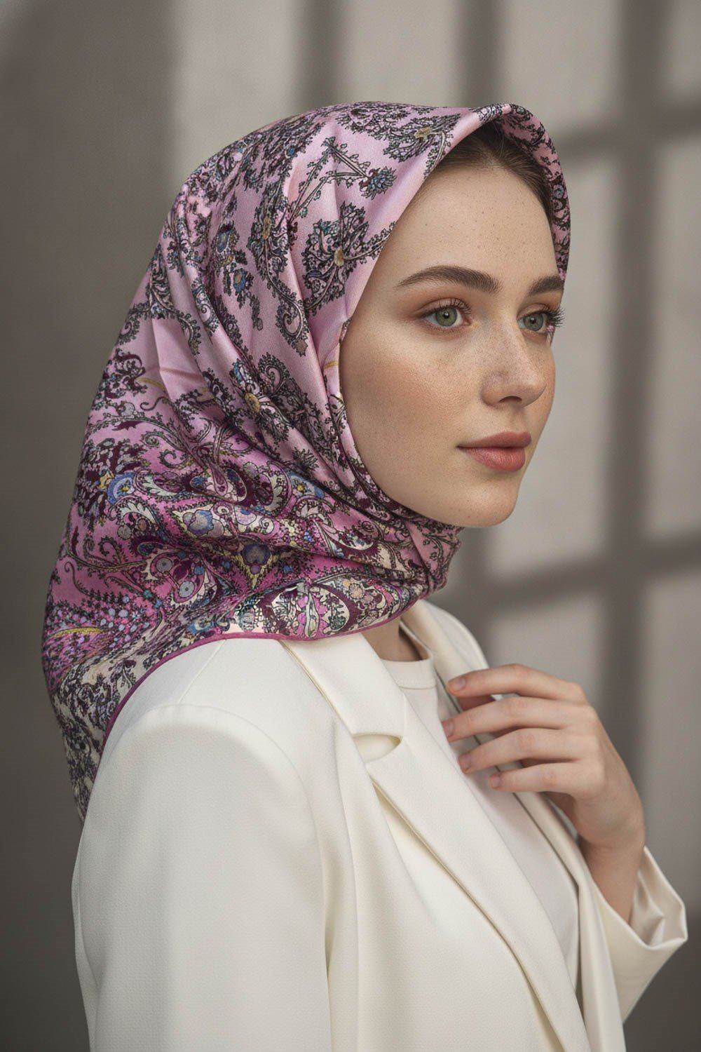 %100 Twill İpek Şal Desenli Pembe Renkli 90x90 Eşarp Dikim Şekli : El Dikişi