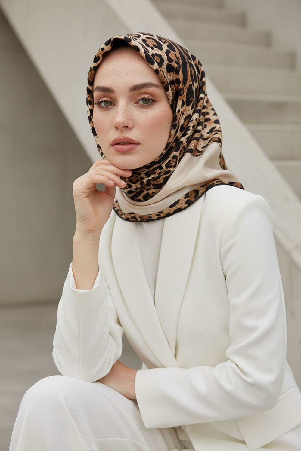 %100 Twill İpek Leopar Desenli Krem Renkli 90x90 Eşarp Dikim Şekli : El Dikişi