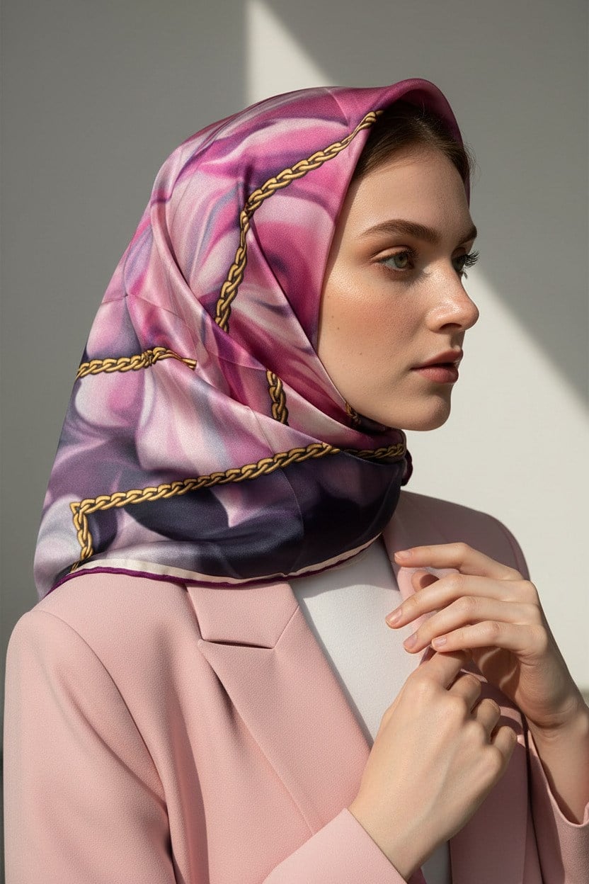 % 57 İPEK % 43 VİSKON Twill İpek Çiçek Geometrik Desenli fuşya Renkli 90x90 Eşarp Dikim Şekli : El Dikişi