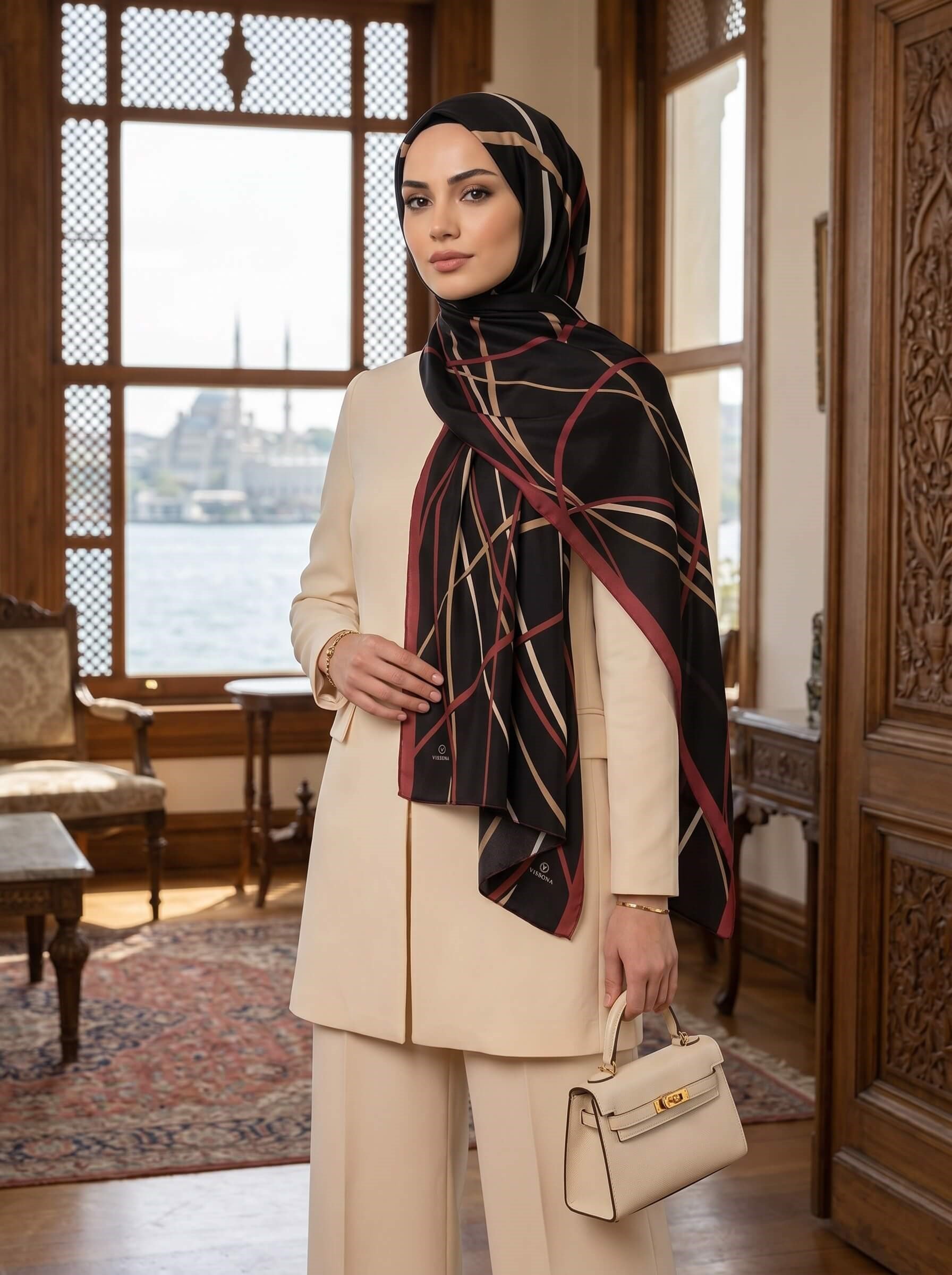 %100 Saf İpek Şal İnce Saten Vual Dokuma Çizgi Desenli Siyah - Bordo Renkli 90x210 Şal