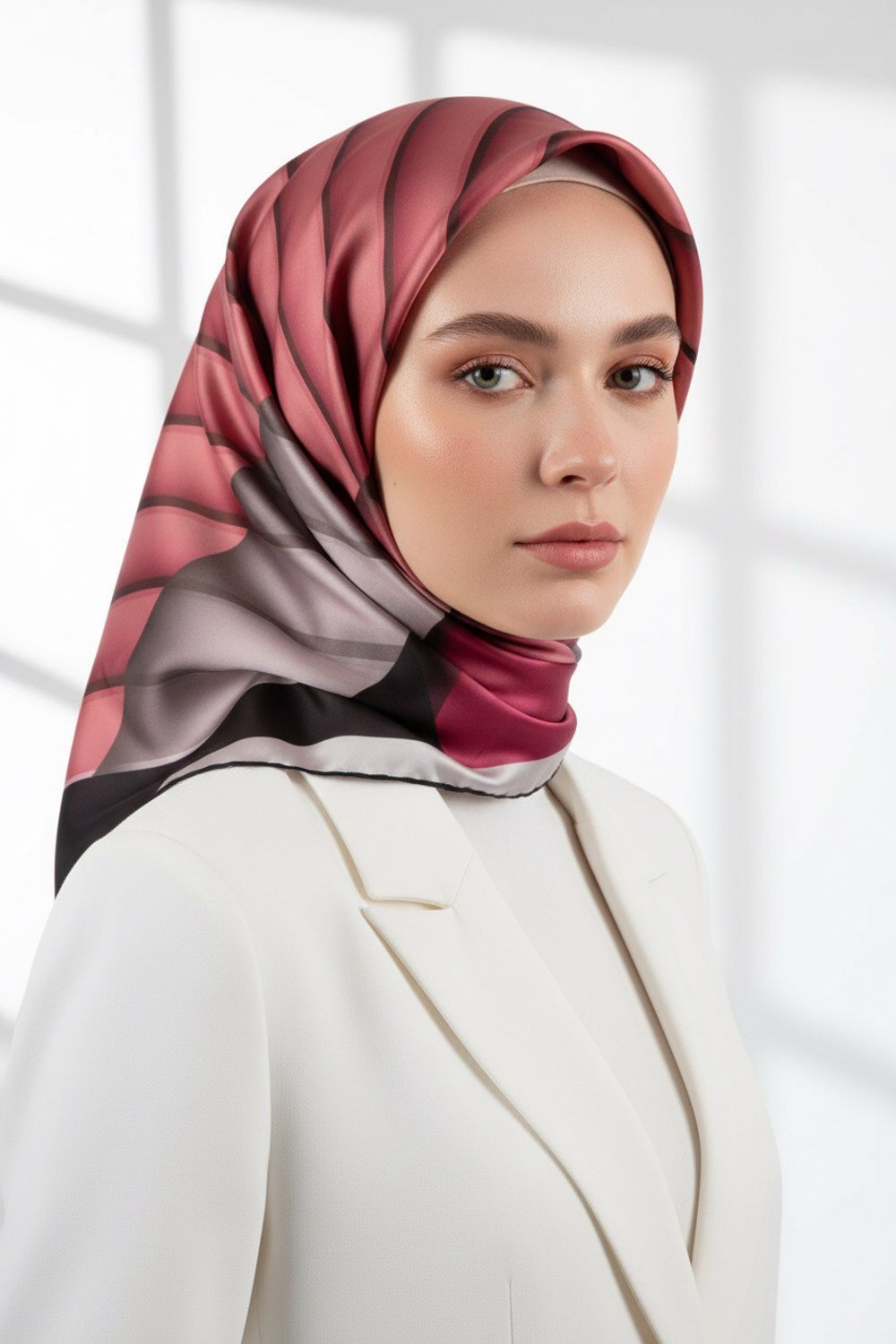 Rayon Zikzak Çizgi Desenli Pembe Renkli 90x90 Eşarp (İpek İçermez) Dikim Şekli : El Dikişi