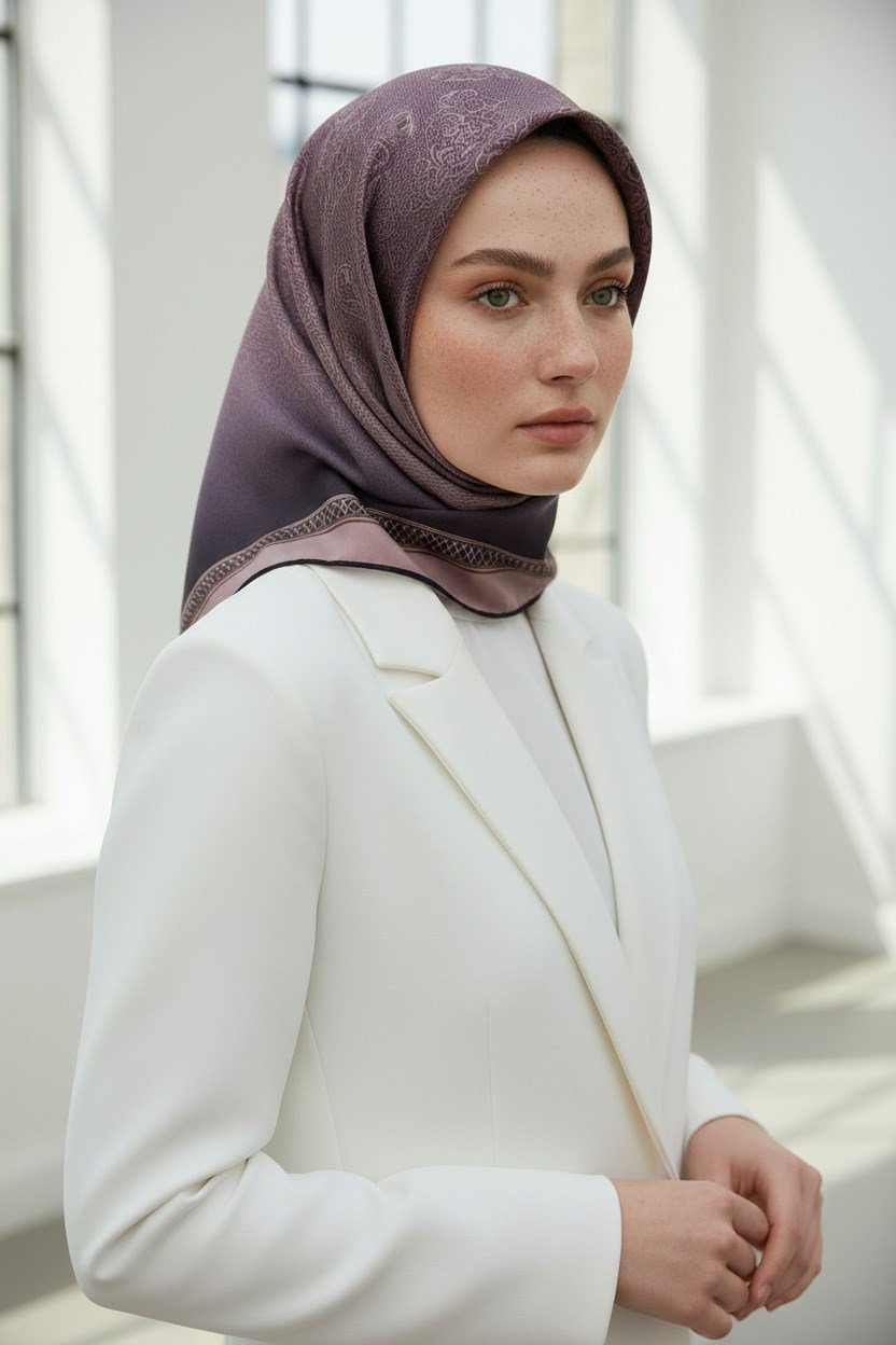 %100 Twill İpek Eşarp 90x90 Pudra Barok Desenli El Dikişli Kadın Eşarp